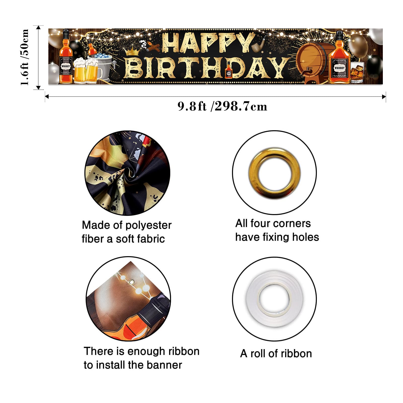 Decoraciones de fiesta de cumpleaños de whisky para hombres, póster grande de oro negro envejecido a la perfección, suministros de fiesta, cartel de feliz cumpleaños con temática de whisky y cerveza