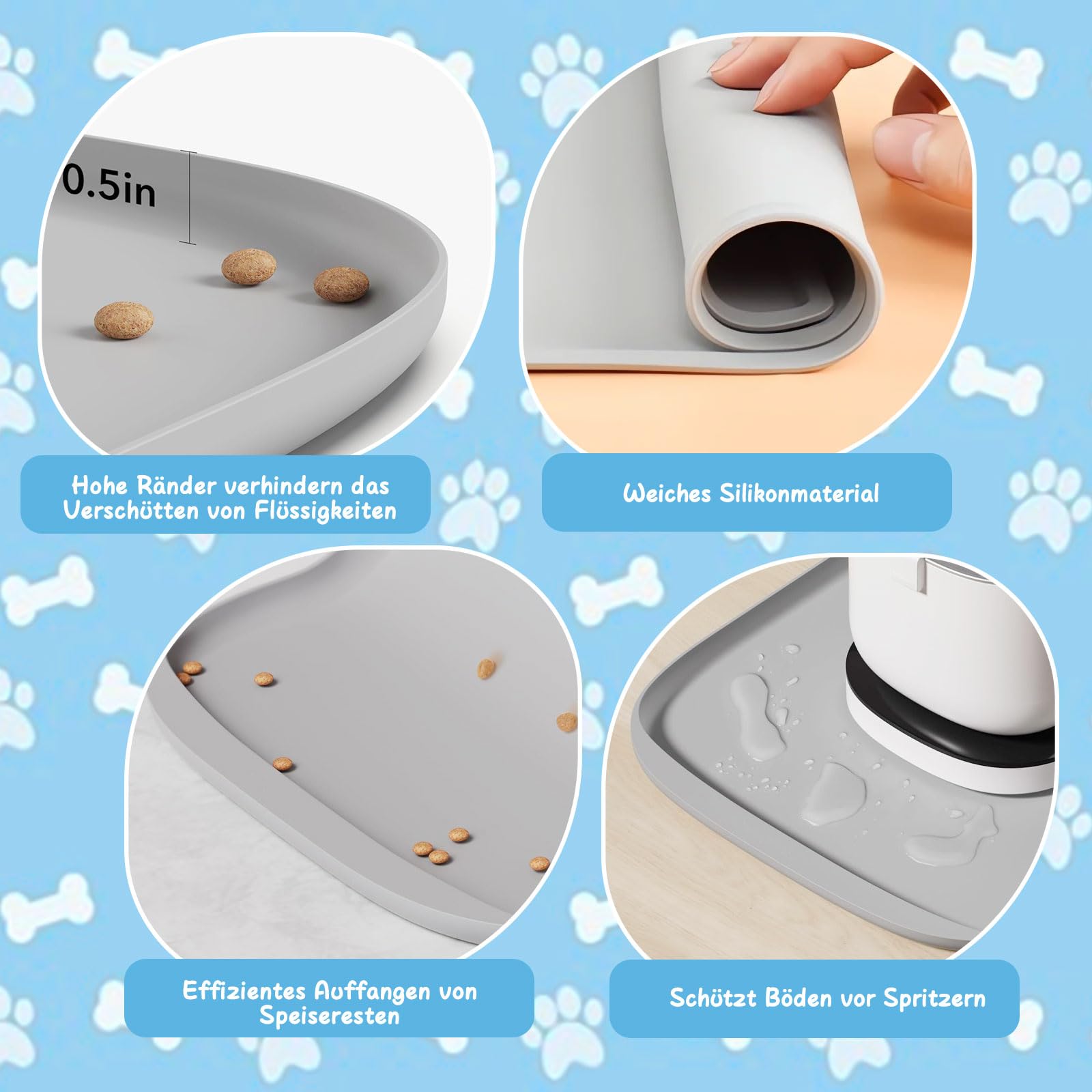 Hundefuttermatte - Silikon-Futtermatte für Haustiere, rutschfeste Katzennapfmatte, Wasserdichtes Tablett-Kissen, Napfunterlage Katzen für Mittlere und Kleine Haustiere (Hell-Grau, 45x30 cm)