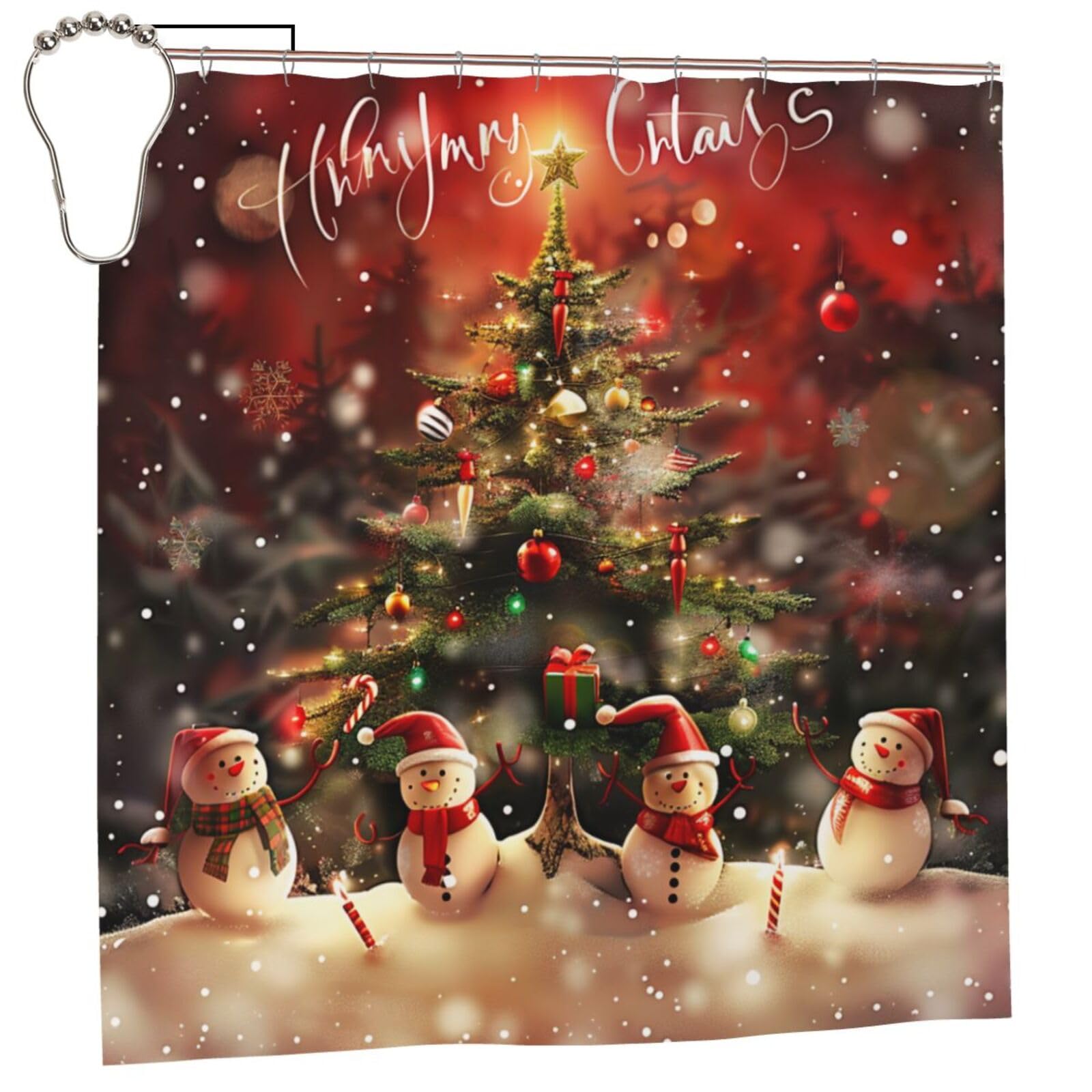 BWWHCCTI Merry Christmas Printed Shower Curtain With 12 Iron Hooks Opaque Quick Drying Waterproof Shower Curtains Sets For Bathroom 183x183 CM