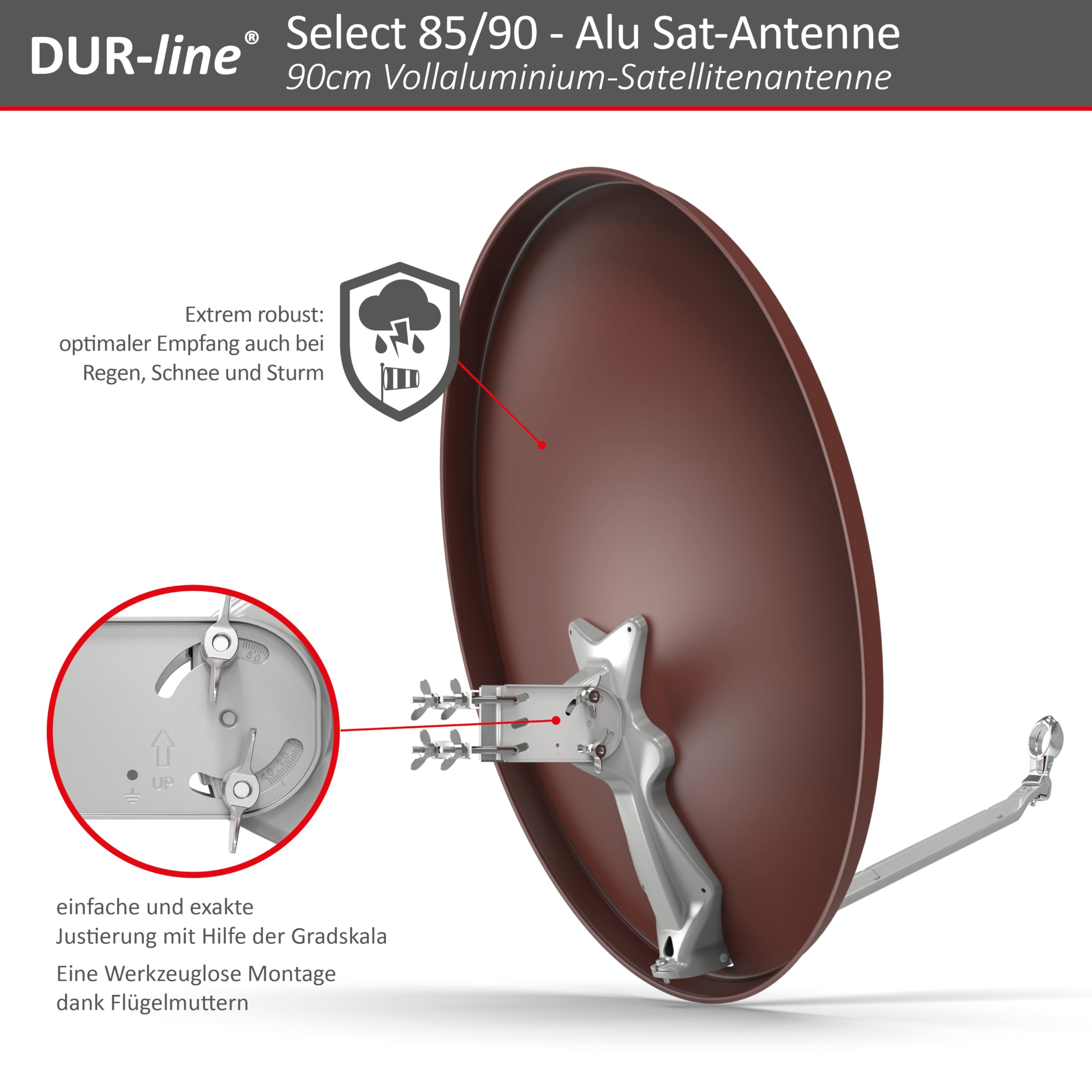 DUR-line 4 Teilnehmer Set - Qualitäts-Alu-Satelliten-Komplettanlage - Select 85cm/90cm Spiegel/Schüssel Rot + Quad LNB - für 4 Receiver/TV [Neuste Technik, DVB-S2, 4K, 3D]