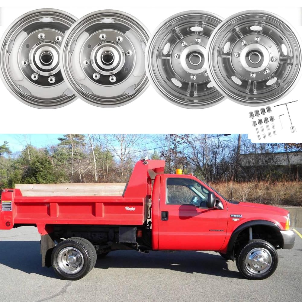 Puermto 4pcs 19.5 Protective Polished Stainless Steel Dually Wheel Simulators, Waterproof Replacements Bolt On Wheel Cover Center Cap, 8 Lug Hubcap Fit for Ford 1999-2002 F450 F550 W/Install Tool