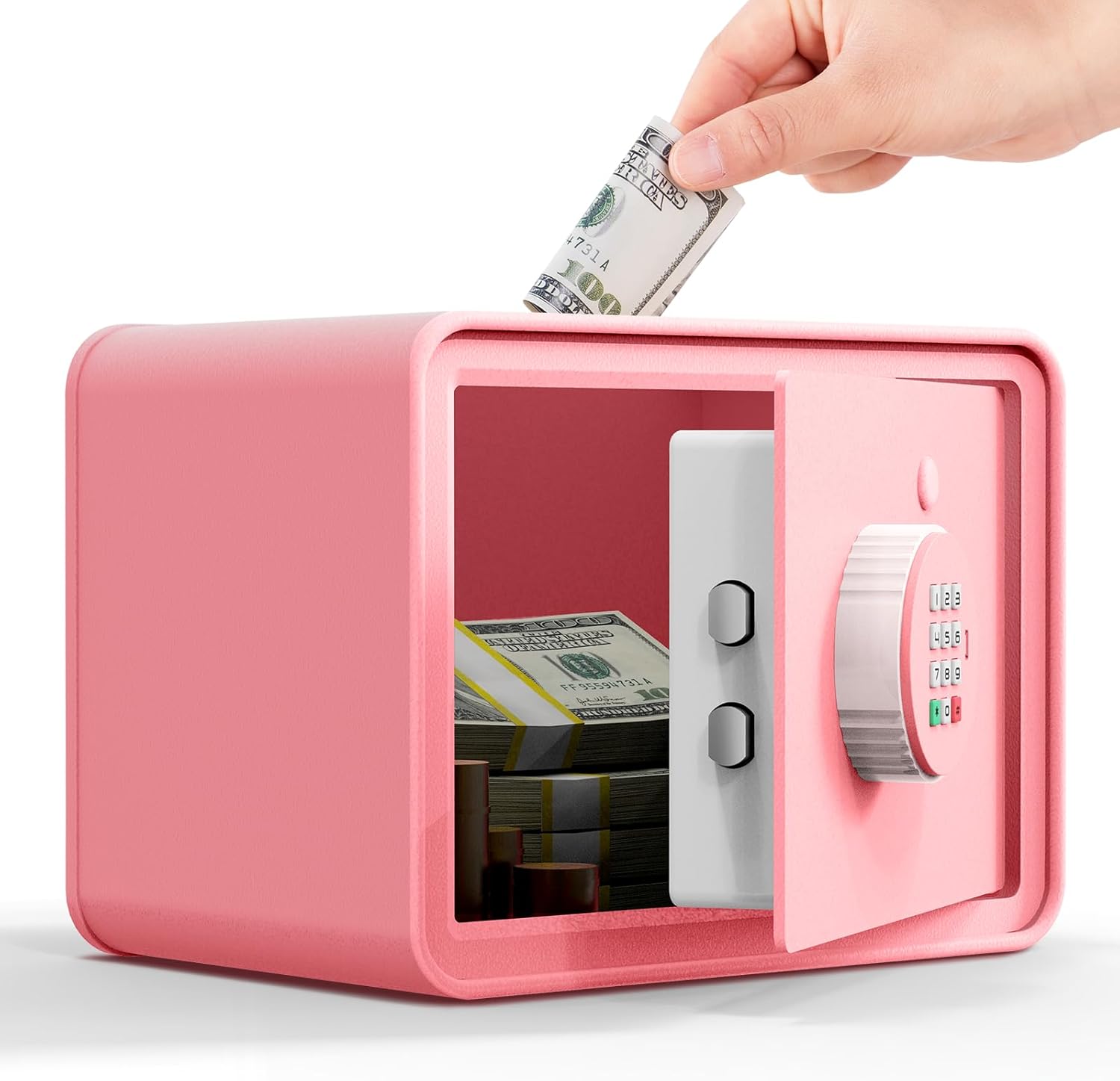 Kids Mini Safe Small Cash Box – GoldenKey Pink Macaron 7”x9.4”x6.3” Money Security Safe with Coin & Bill Slot, Keypad & Key Lock, USB Backup, DIY Stickers, Piggy Bank for Home