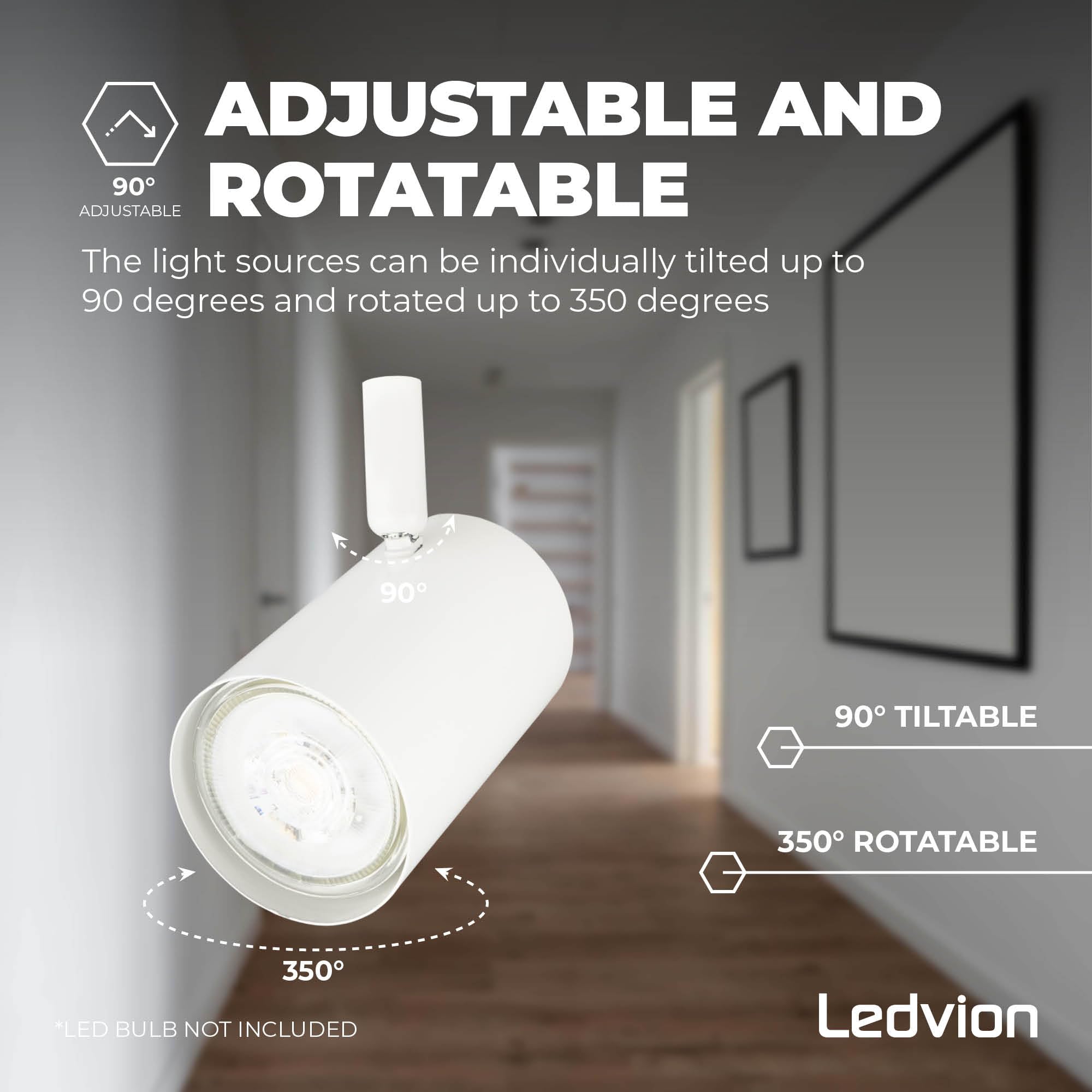 Ledvion, LED Ceiling Spotlight White 4-Light, dimmable, tiltable, GU10 Fitting, Surface mounting, White lamp - Image 2