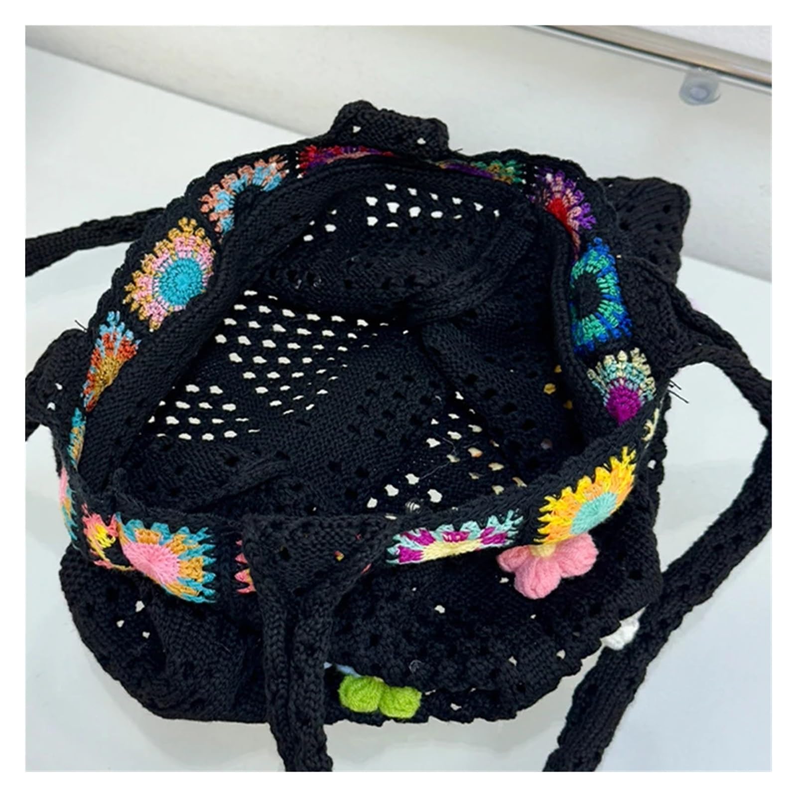 Bolso de Flores de Crochet Bolso de hombro tejido estilo étnico gran capacidad, bohemio, crochet, informal, con estampado floral