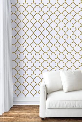 Miniatura 3 de Safiyya Papel tapiz de 393 x 17.7 pulgadas, papel adhesivo dorado blanco, autoadhesivo, extraíble, moderno, enrejado, dorado, para dormitorio,