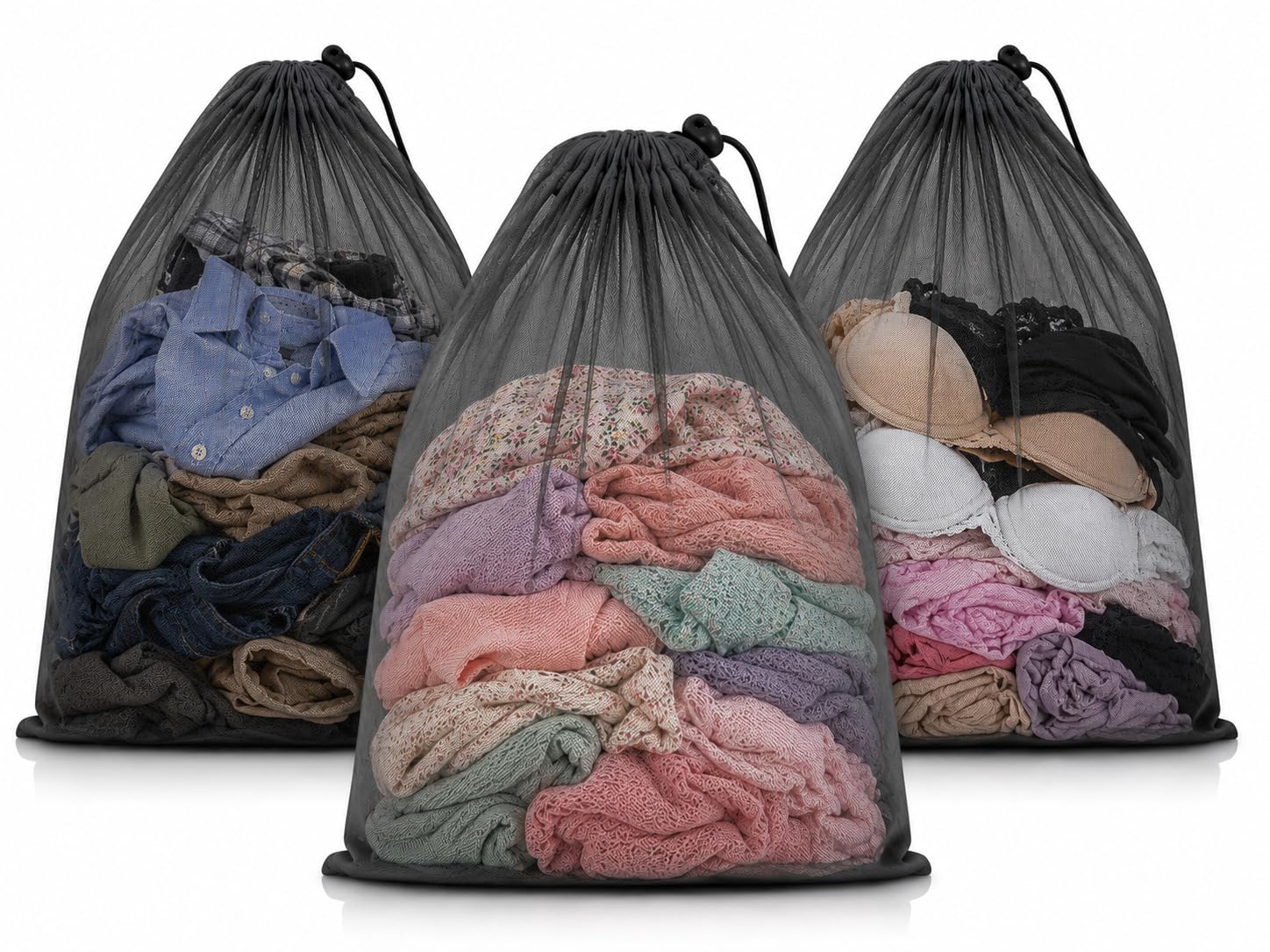 Heavy Duty Mesh Laundry Bag 20x24 Inch, Large Drawstring Storage Bag for Clothes, Toys, Sports Balls, Travel & Camping, Breathable Black Mesh pack of 3-image-23