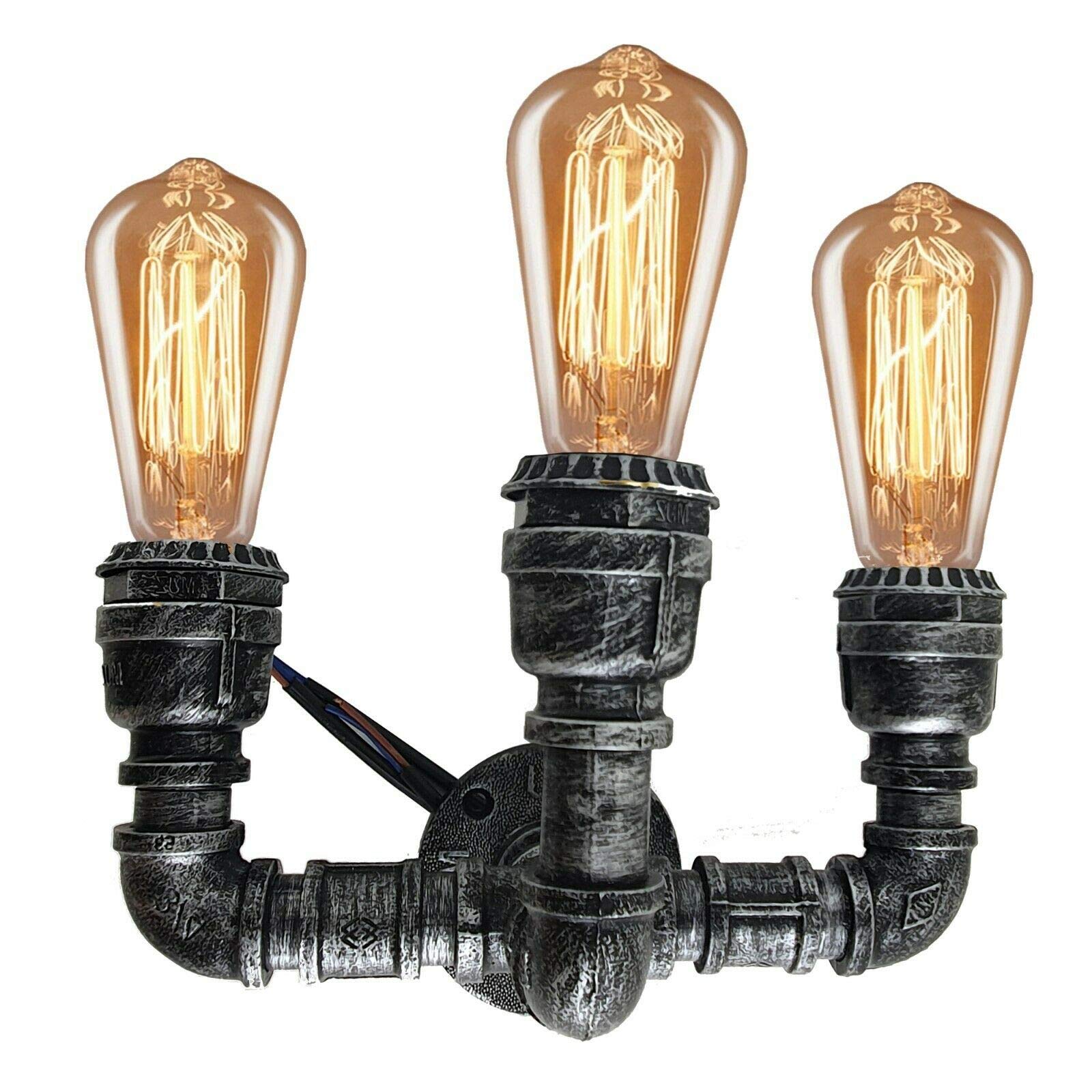 DC VOLTAGE Vintage Industrial 3 Way Pipe Wall Light - E27 Socket Steampunk Sconce for Loft, Cafe, Bar, Restaurant, Bedroom, and Living Room Décor (Brushed Silver + Bulb) — image 1
