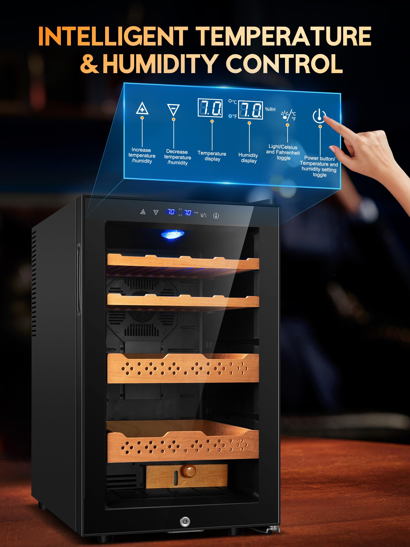 RLPI 400 Counts Thermostatic Electric Cooler Cabinet,70L Electric Humidor with Smart Humidity & Temp Digit Control System,Spanish Wood Shelves Gift for Men on Fridge.com