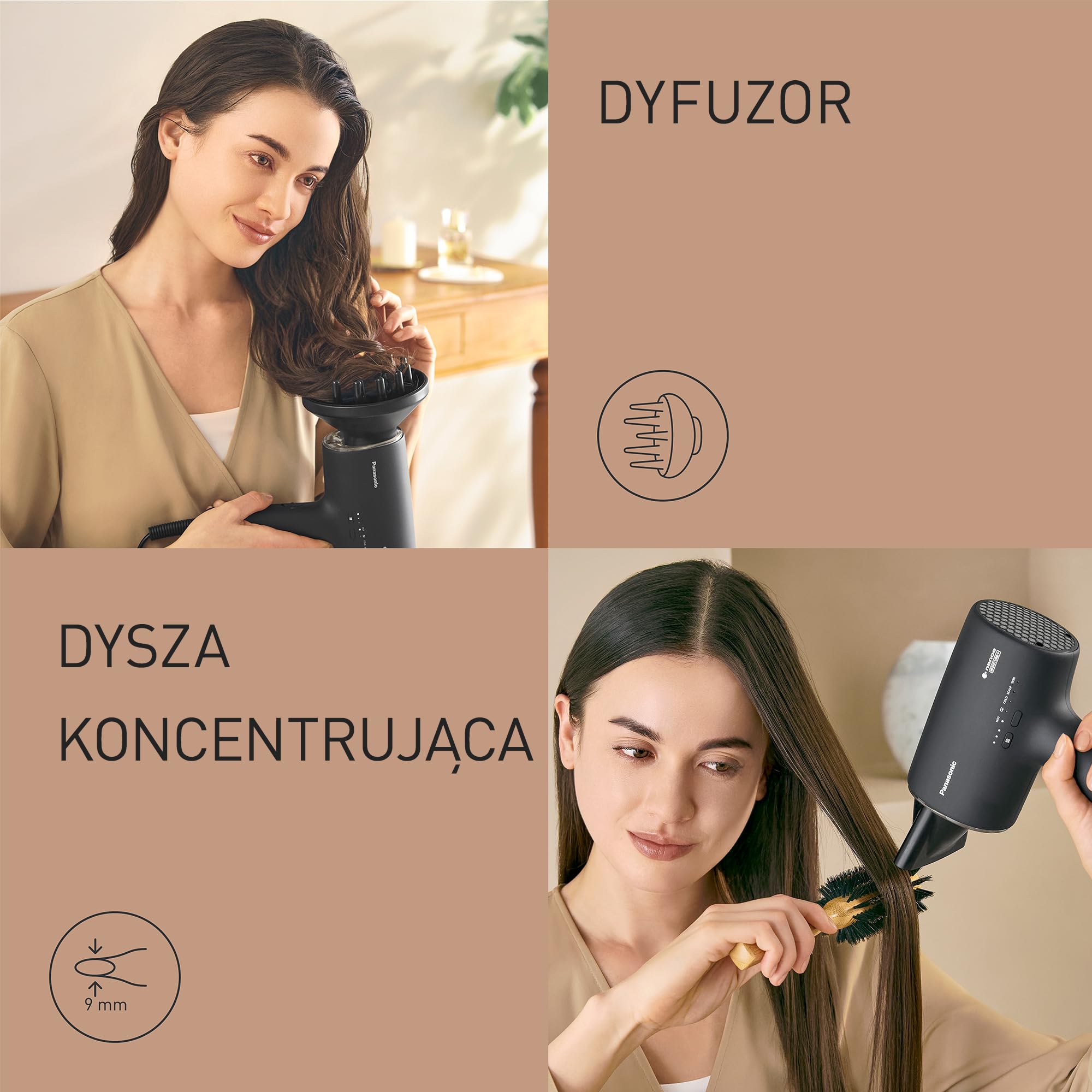 Panasonic EH-NA0J suszarka do włosów z technologią nanoe™ MOISTURE+ i Mineral (1600 W, 4 tryby temperatury, dysza koncentrująca, dyfuzor), czarna