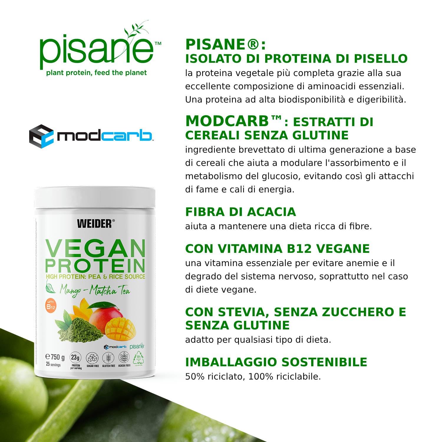 Weider Vegan Protein (750g) Gusto Mango-Matcha. Proteine Vegane 23g/dose isolate di piselli e riso, Con Vitamina B12, Stevia, Senza Glutine, Senza Zucchero, Contenitore 50% Riciclato, 100% Riciclabile