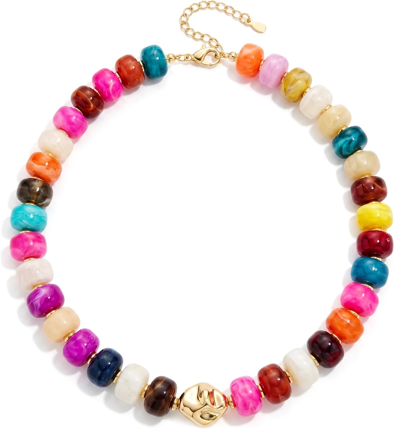 Beaded Necklaces for Women, Chunky Acrylic Bead Choker Necklace, Colorful White Statement Jewelry with Gold Color Charm Styles, Adjustable Summer Beach Boho Gifts for Women