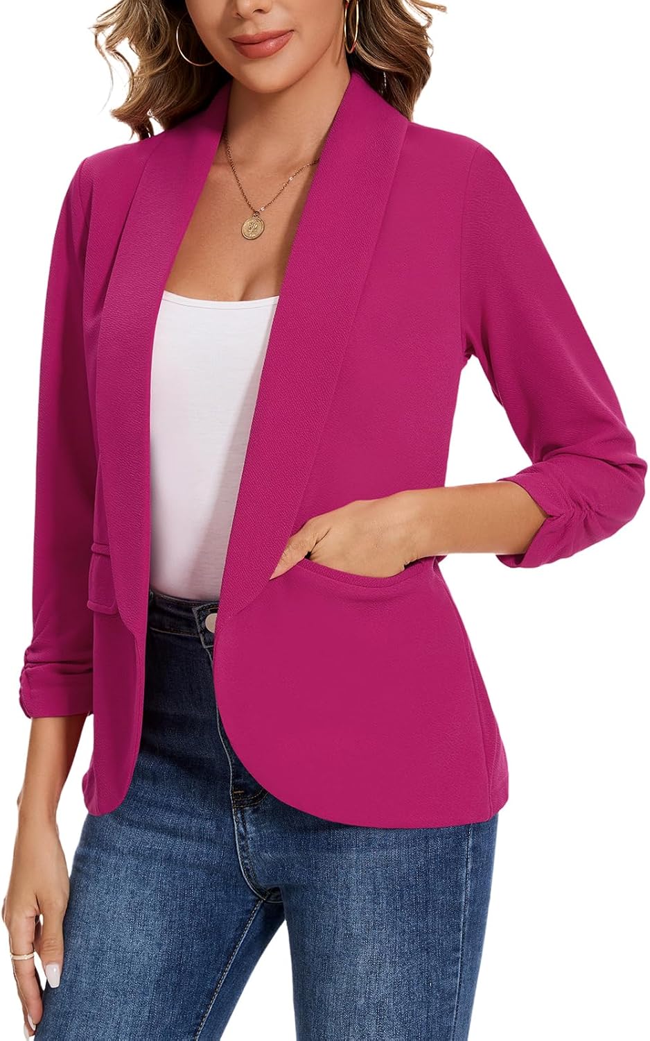 Women's Casual Open Front Blazers Shawl Lapel Ruched 3/4 Sleeve Office Lightweight Blazer Jackets with Pockets *Hot Pink,Size XL*