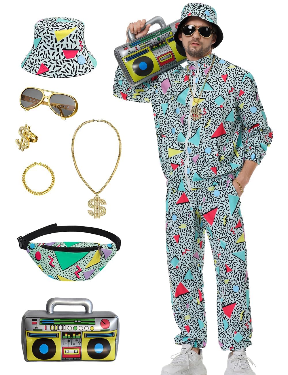 Ezuwail Carnival Costume Men's Festival Outfit Halloween Fancy Dress Costume Men's 80s Outfit Men's Theme Party Holiday Cosplay Outfit 9 Pieces (Green/S) — image 1