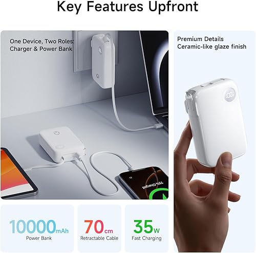 Miniatura 2 de HOU Banco de energía con cable USB-C retráctil integrado, carga rápida PD de 35 W de 10000 mAh y enchufe plegable, mini cargador portátil 3 en 1