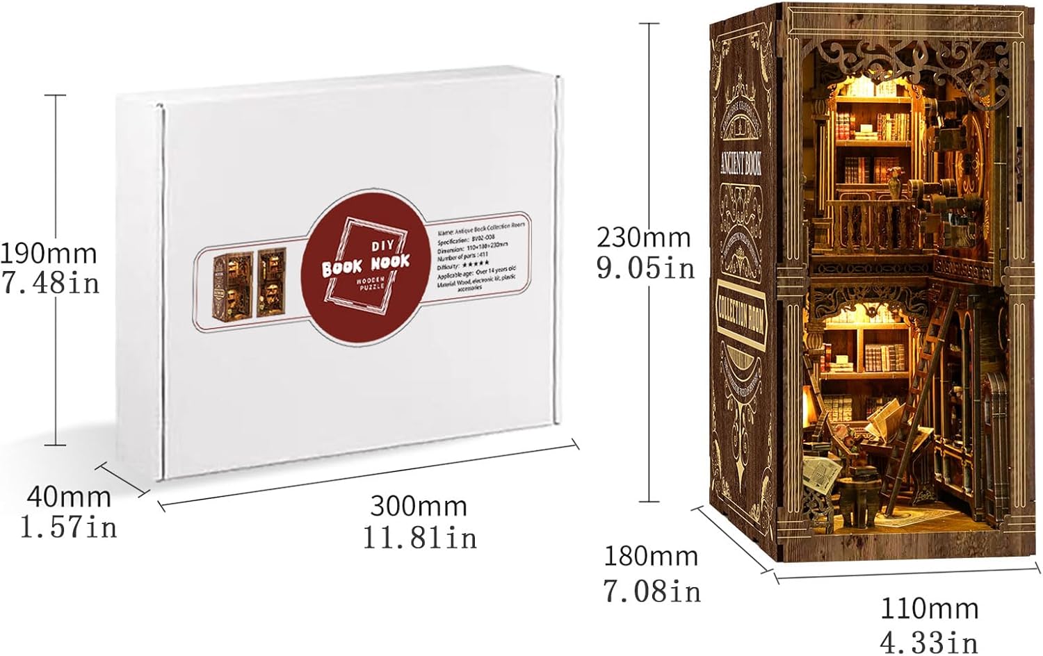 Book Nook Kits -DIY Miniature Dollhouse Booknook Kit, 3D Wooden Puzzle Bookend Bookshelf Insert Decor with LED Light for Teens and Adults, Family & Friends
