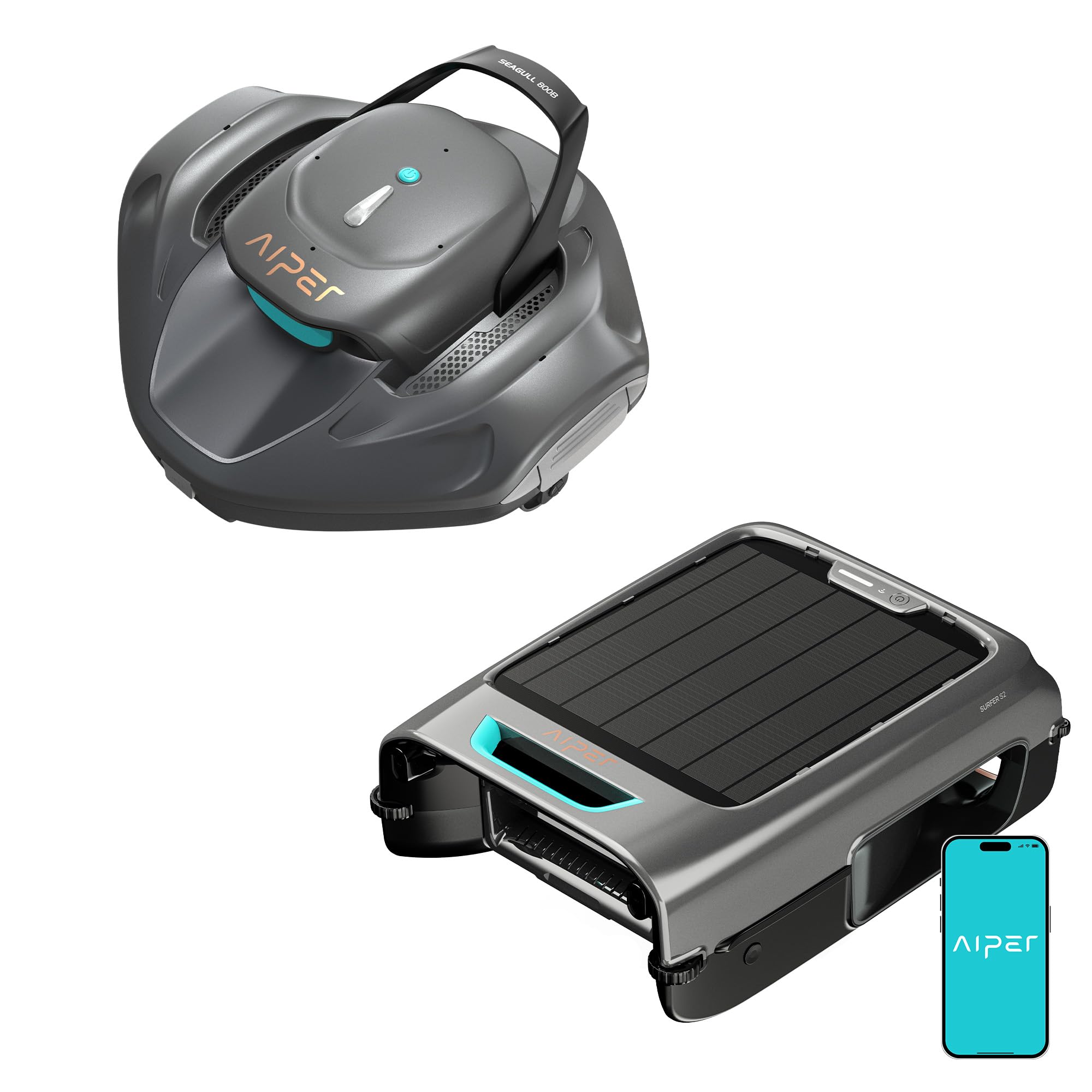 AIPER Seagull 800B & EcoSurfer S2 Robot Piscine, Aspirateur Piscine sans Fil & Robot Skimmer Solaire, Nettoyage Automatique du Fond et de la Surface, Contrôle Via Application