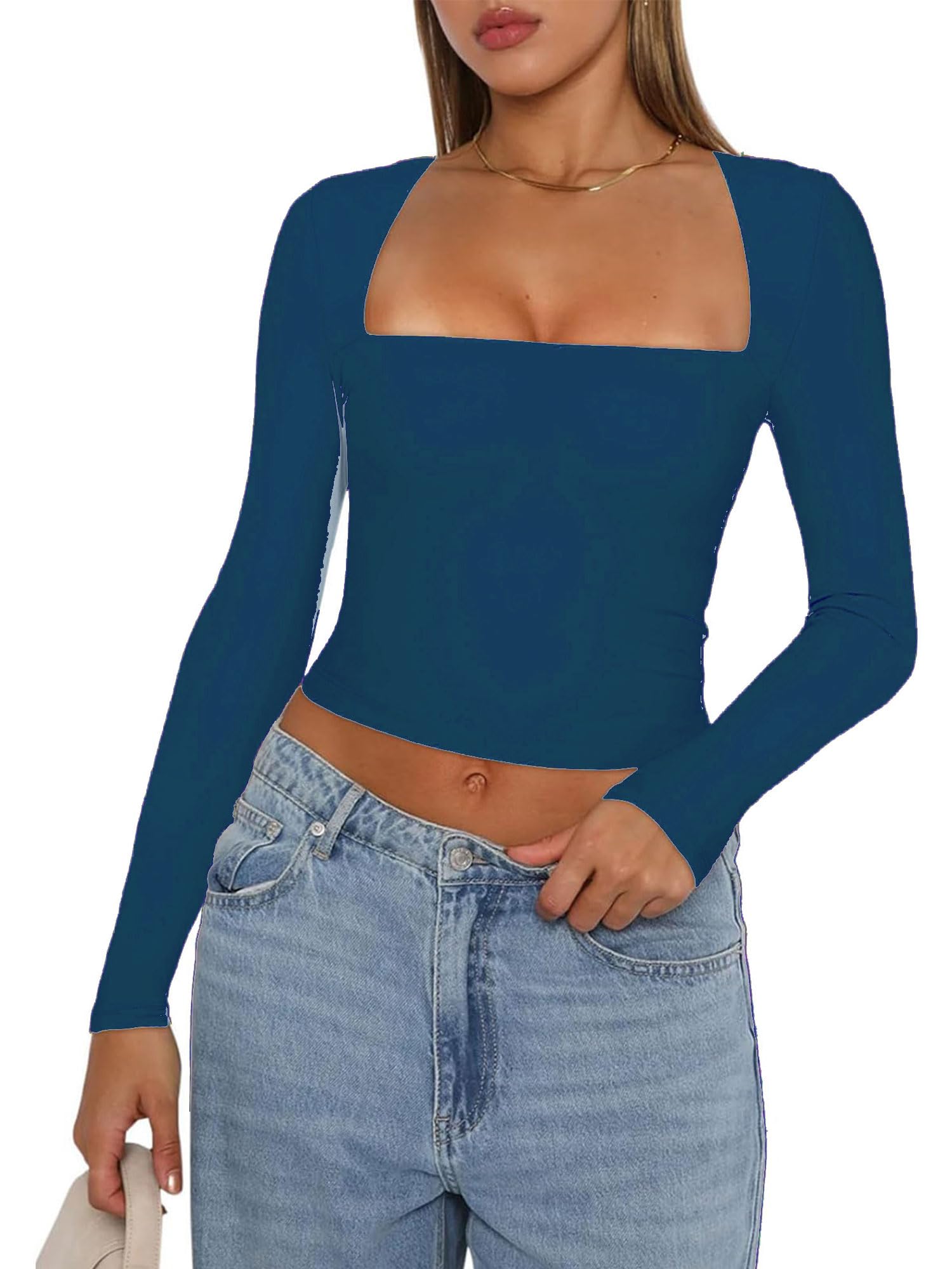 Women Sexy U Neck Goting Out Crop Tops Casual Basic Tops T-Shirt Long Sleeve Tight Shirt Blouse Tee Tops (Navy Blue, M)