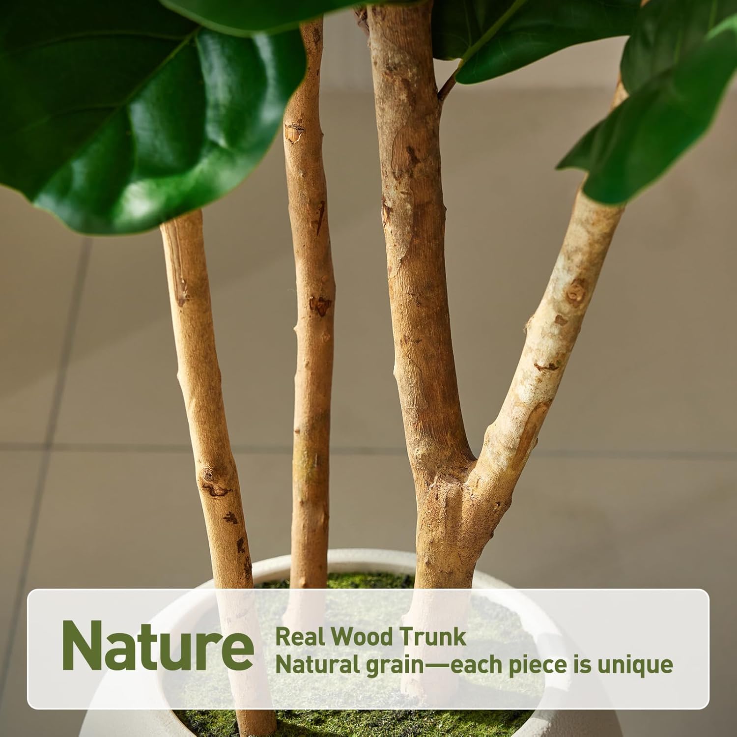 6FT Artificial Fiddle Leaf Fig Tree with White Planter - Tall Fake Tree, 3 Real Wood Trunks, Real Moss Pot, Artificial Plants Indoor Faux Tree for Home Living Room Office Decor, VN244