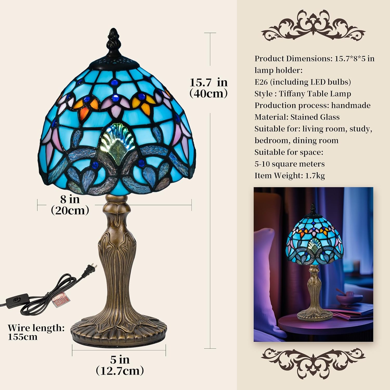 Small Tiffany Table Lamp, 3 Color-Temperature Baroque Stained Glass Lamp,8 Inch Tiffany Style Lamp for Bedroom Living Room Home, Handcrafted Light, Included Bulb (Blue)