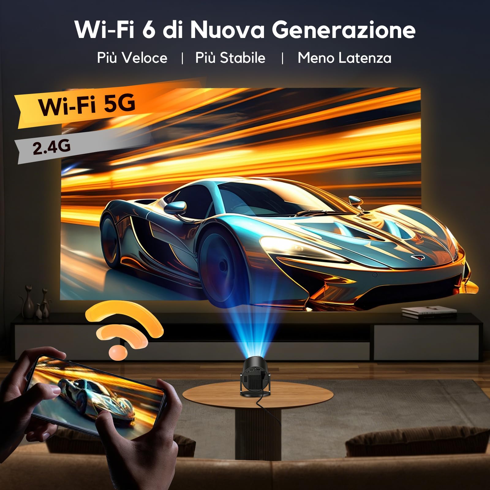 [App Integrata & 2026 Upgraded] Mini Proiettore 4K Supporta 18000 lumen, AKIYO O2 Proiettore Portatile WiFi 6 BT 5.4, Auto Keystone, Ruotabile 180°, Dual Control Compatibile con HDMI/Phone/Laptop | 2026 Upgraded Auto Keystone, Ruotabile 180°, Dual Control