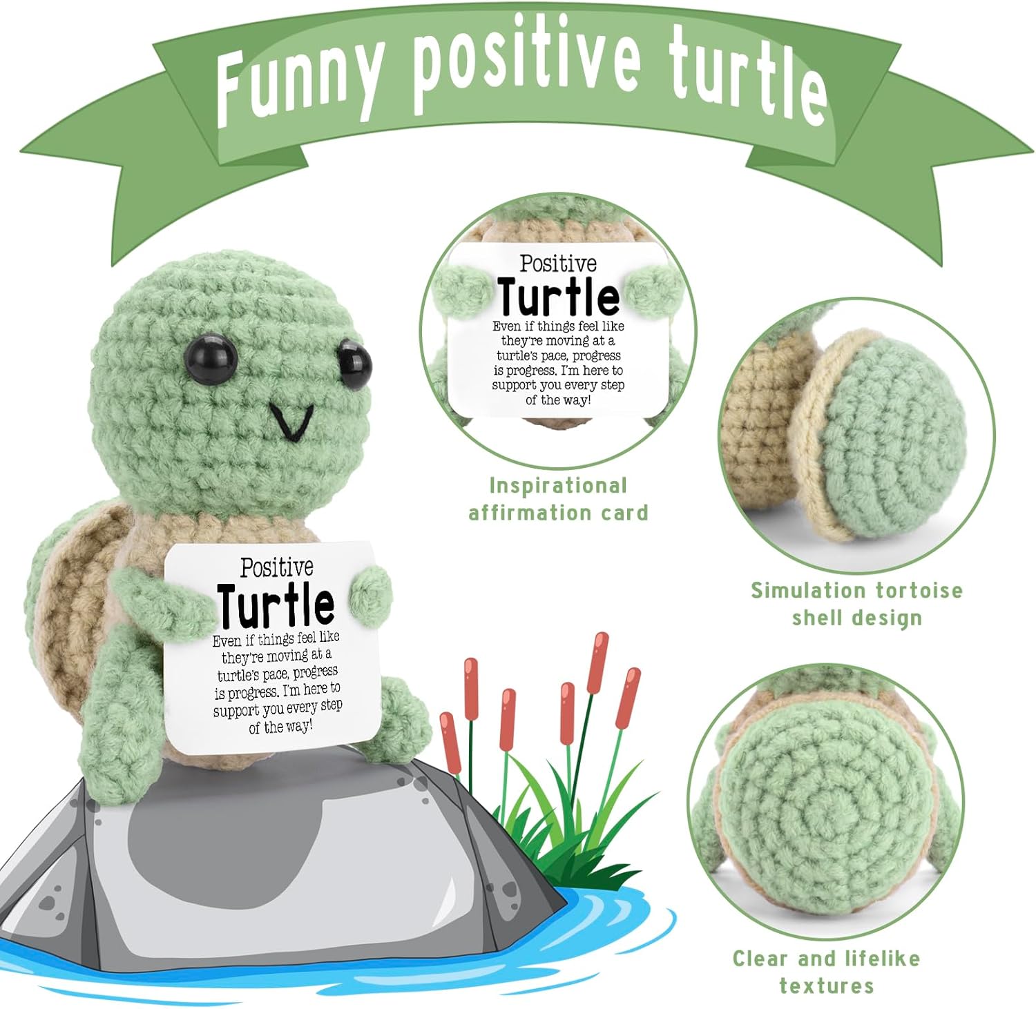 Positive Crochet Turtle Funny Gifts, Emotional Plush Support Emotional Crochet Animals Mini Cute Stuff Handmade Inspirational Turtle Gifts for Women Men