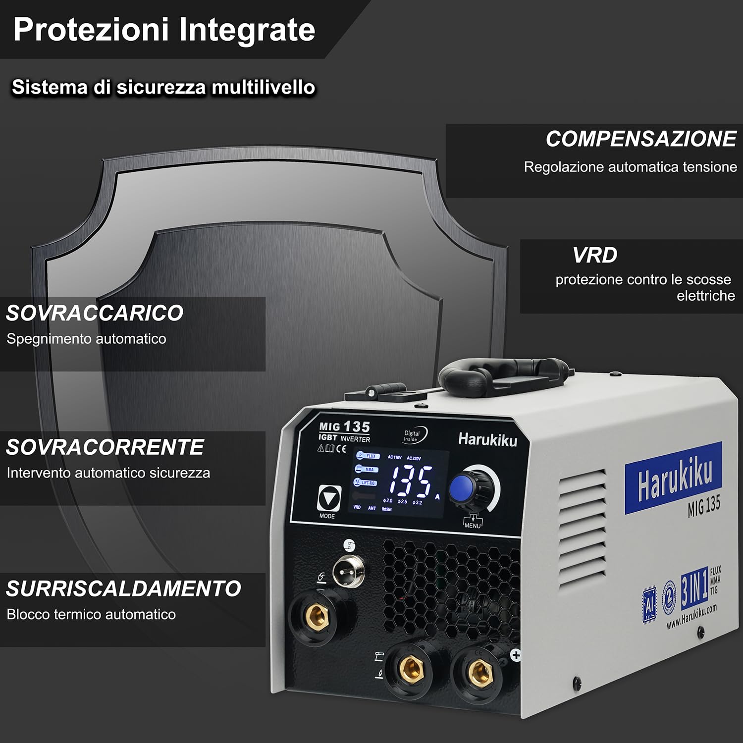Harukiku135 saldatrice a filo continuo no gas, Saldatrice 3-in-1 Multiprocesso (Flux MIG/MMA/Lift TIG) con Alimentazione Sinergica, Inverter IGBT Compatto per Professionisti & Hobby Domestico