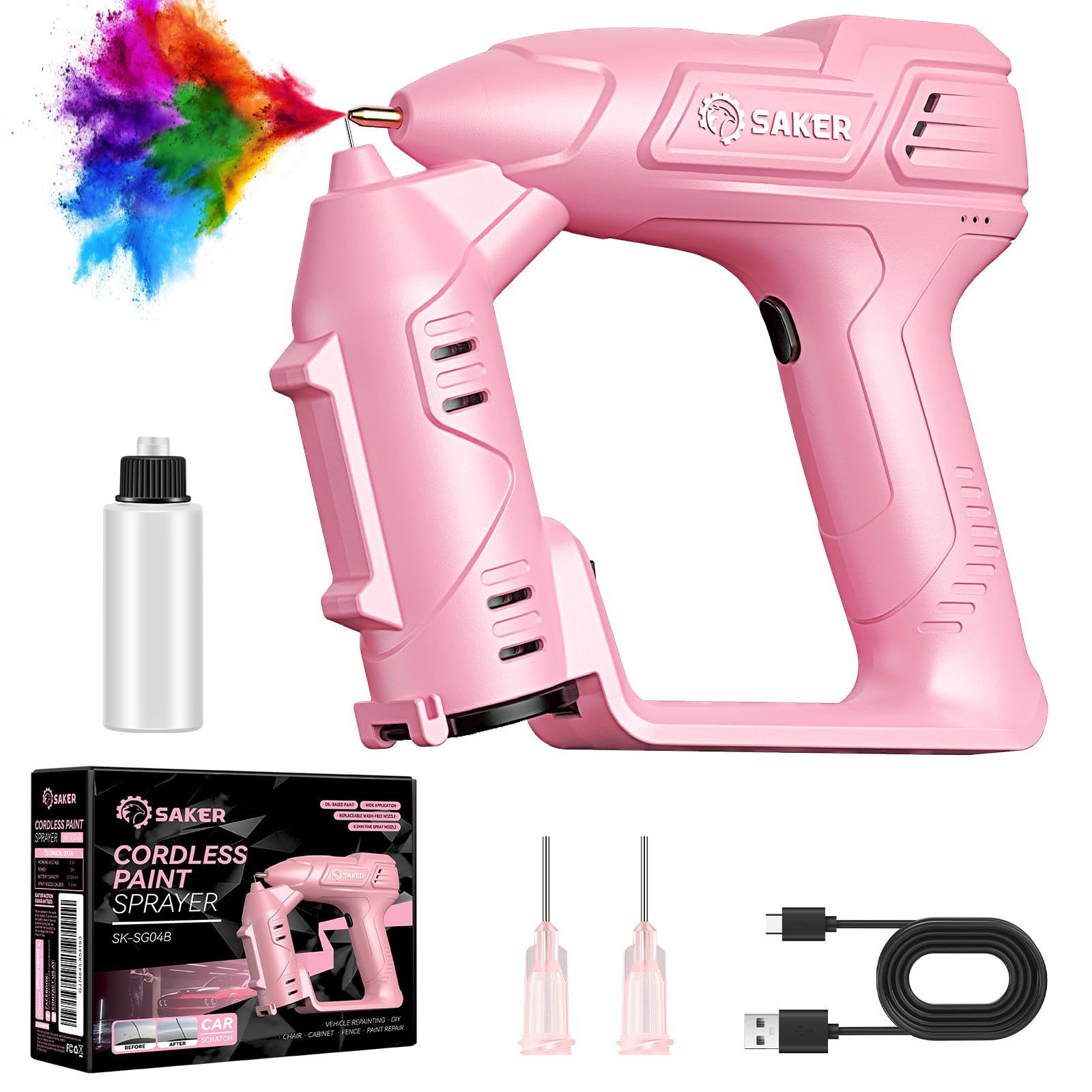 Saker Cordless Paint Sprayer Gun for Cars, Electric Handheld High Power Airbrush Kit Portable Spray Paint Gun for Painting Cars,Cabinet, Paint Repair and DIY Pink 1 Gear 12inch