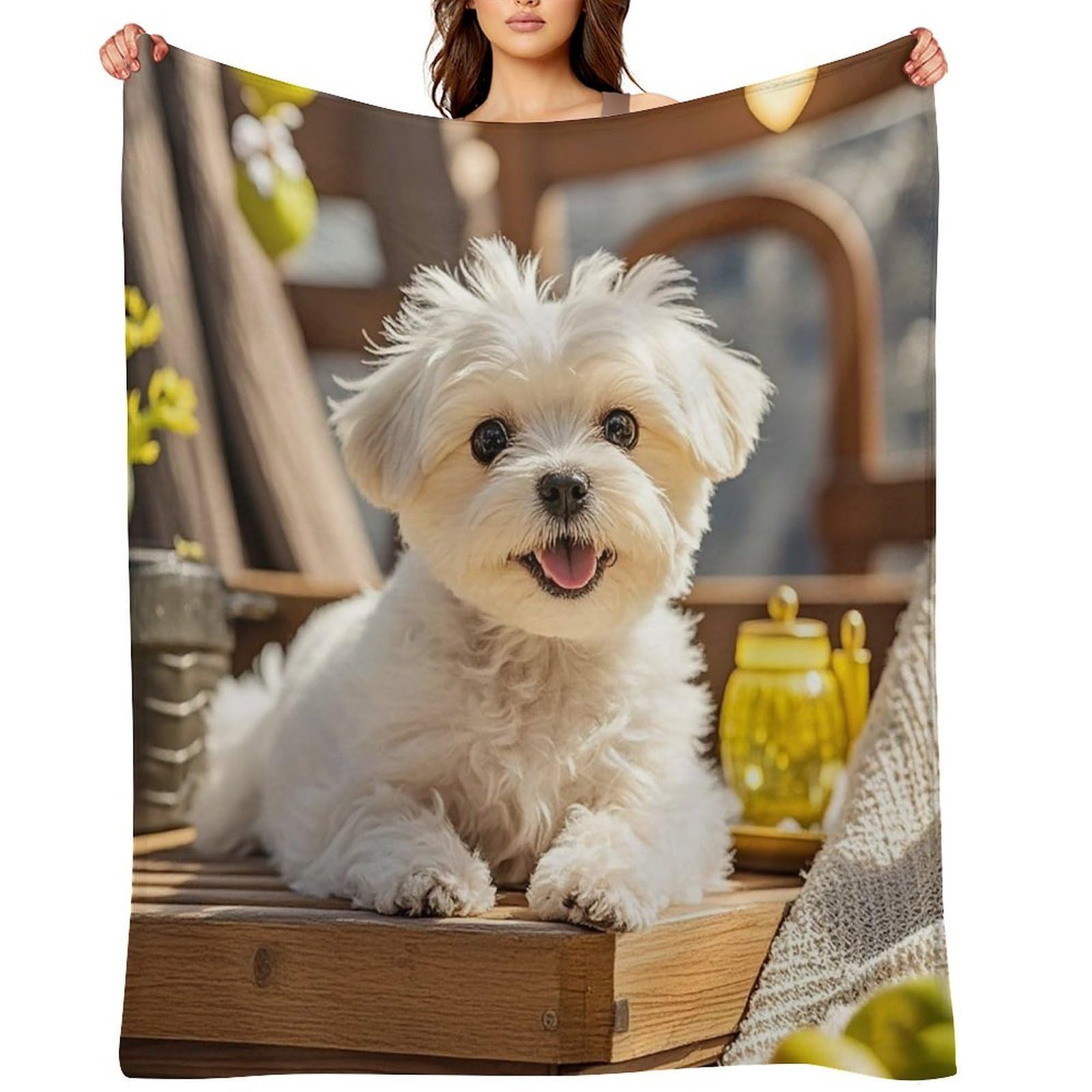 Cute Maltese Puppy Dog Throw Blanket for Couch and Bed Super Soft Warm Lightweight Throw Blankets Cozy Fuzzy Flannel Blanket Personalized Decorative Blankets for Sofa Decor 40"x50"