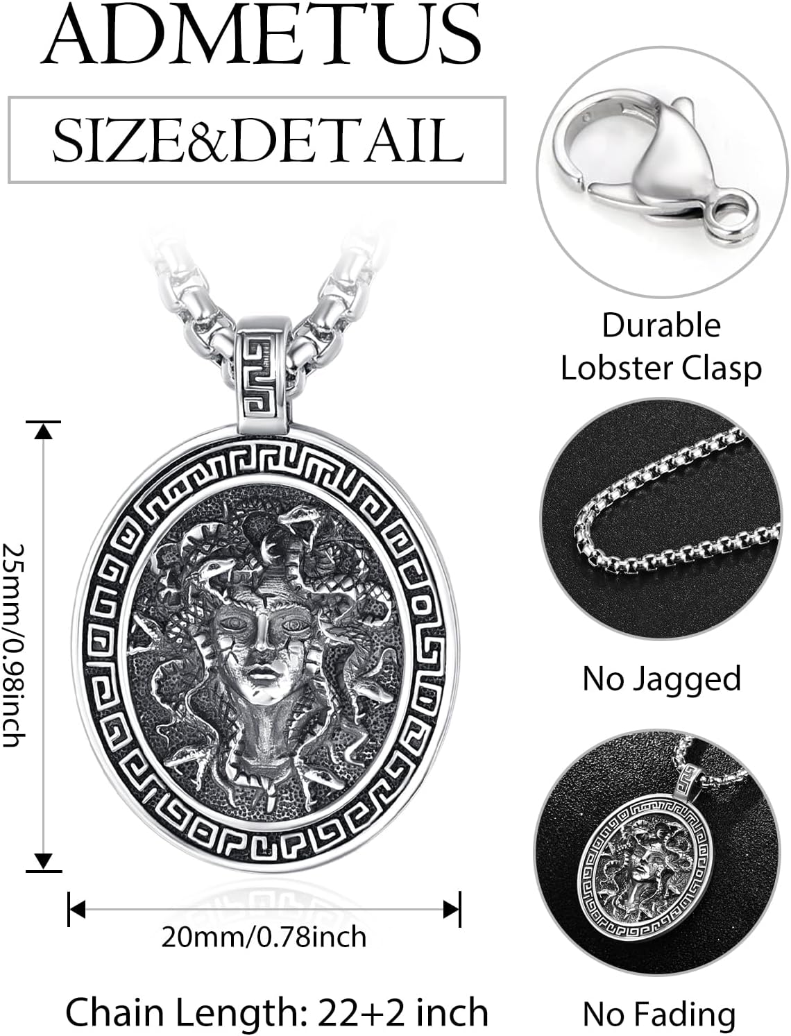 ADMETUS 925 Sterling Silver Greek God Necklaces, Amulet Pendant Necklace, Greek Mythology Protection Jewelry Gifts for Men with 2.5mm 22"+2" Rolo Chain - Image 2