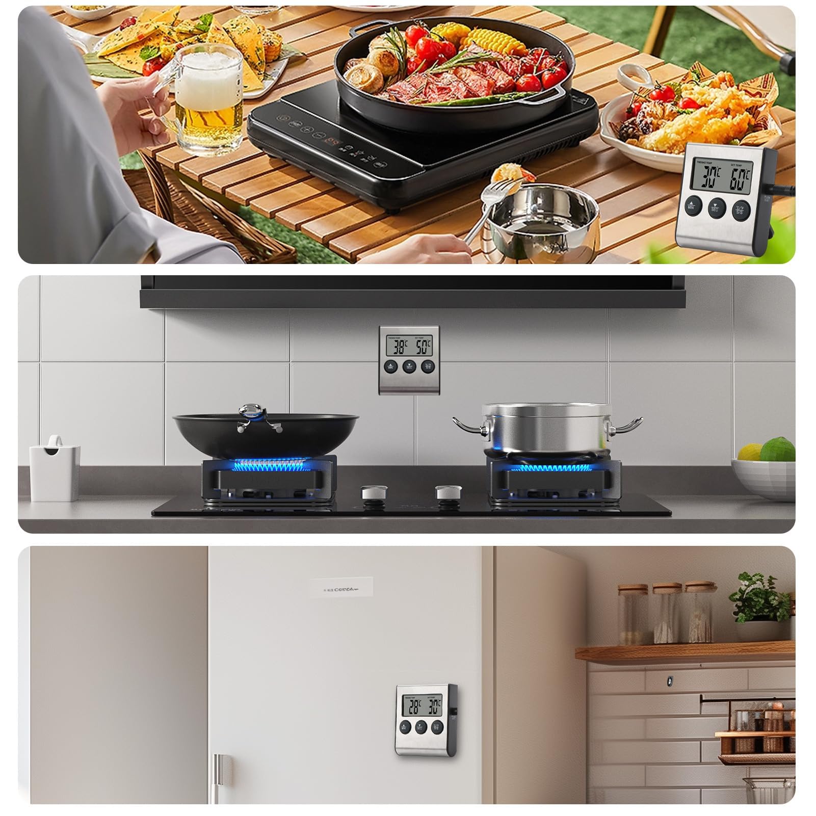 Termometro Cocina Digital Lectura Instantáneo, Meat Thermometer con 2 Sondas 100cm LCD Retroiluminada Alarma Sonora para Carne Horno Parrilla Freidora Aire Vino Cerveza Líquidos Aceite Barbacoa