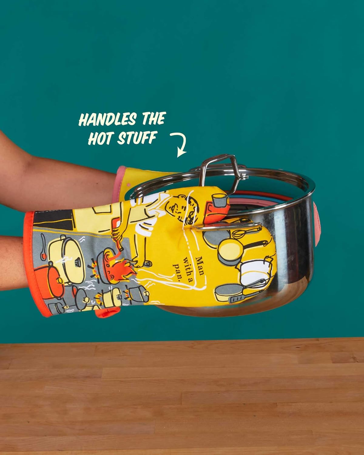 Blue Q Man With a Pan Funny Oven Mitts - Cute Oven Mitts, Home Kitchen Gifts, Cooking Accessories, Super-Insulated Quilting, Comfy Natural-Fitting Shape, 100% Cotton, Machine Wash, Size 12.5"L x 7.5"W - Image 5