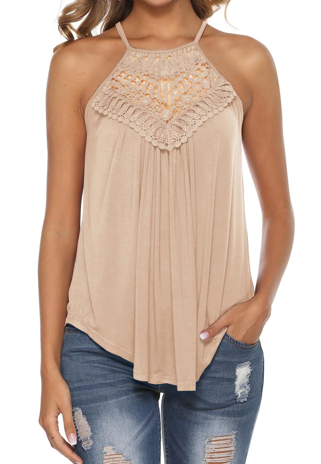 Halter Tops for Women Sexy Sleeveless Lace Crochet Dressy Flowy Tank Top Cute Summer Shirts