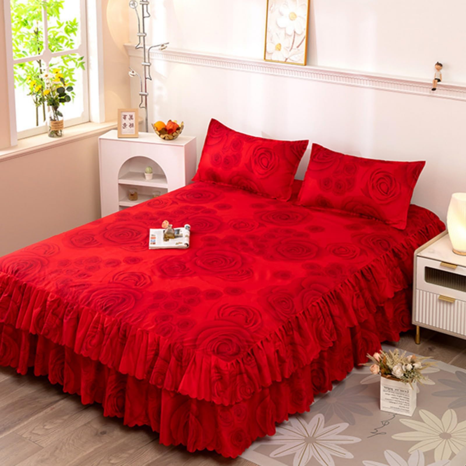 Morbuy Gonne da Letto Elasticizzato per Singolo Matrimoniale, Copri Bordo Letto con Balza Copriletto con Federe e Volant Mantovana Giroletto 3 Lati per 45 cm di Altezza (X03 Red Rose,180x200cm)