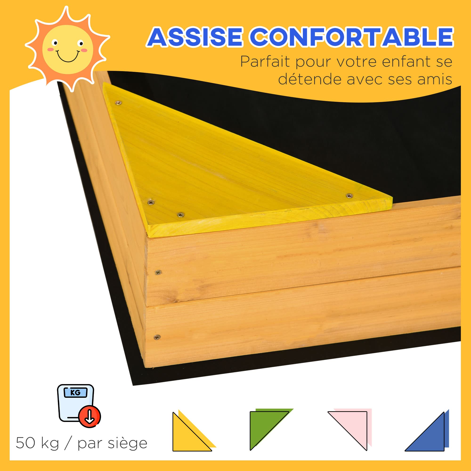 Outsunny Bac à Sable carré en Bois pour Enfants 109 x 109 x 19,8 cm | 4 sièges d'angle, film protecteur, bois naturel