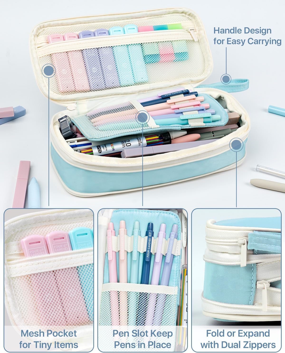 Four Candies 56 PCS Aesthetic School Supplies with Cute Pencil Case, 6 Multicolor Pen, 12 Pastel Highlighters, 5 Gel Pens Black Ink, 9 Mechanical Pencils for Student Stationary Set Preppy Stuff (Blue) - Image 4