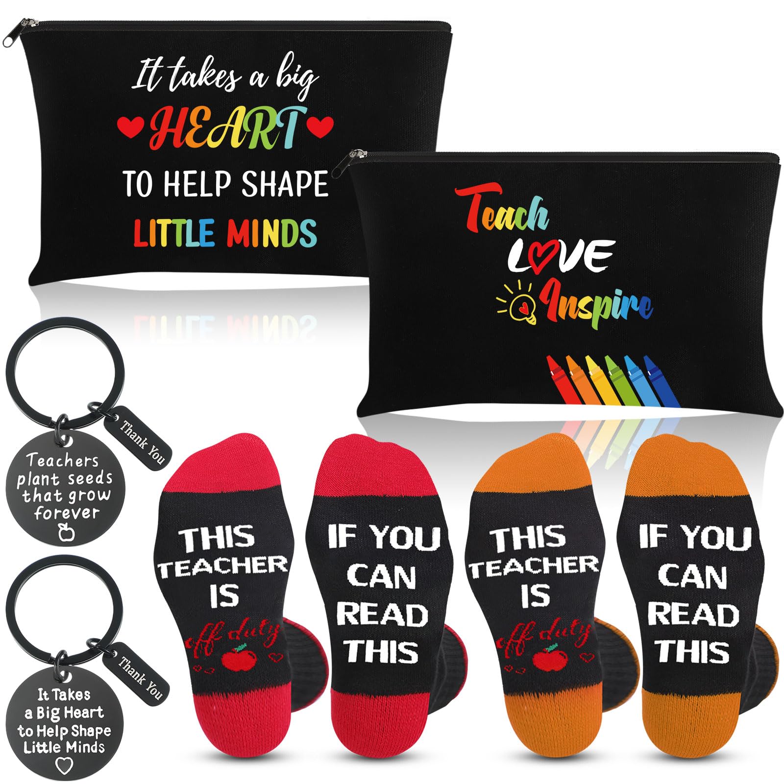 Saintrygo 6 Pieces Teacher Appreciation Gift Set for Women 2 Pcs Teacher Cosmetic Makeup Bags 2 Pairs Novelty Cozy Fuzzy Socks and 2 Pcs Keychain(