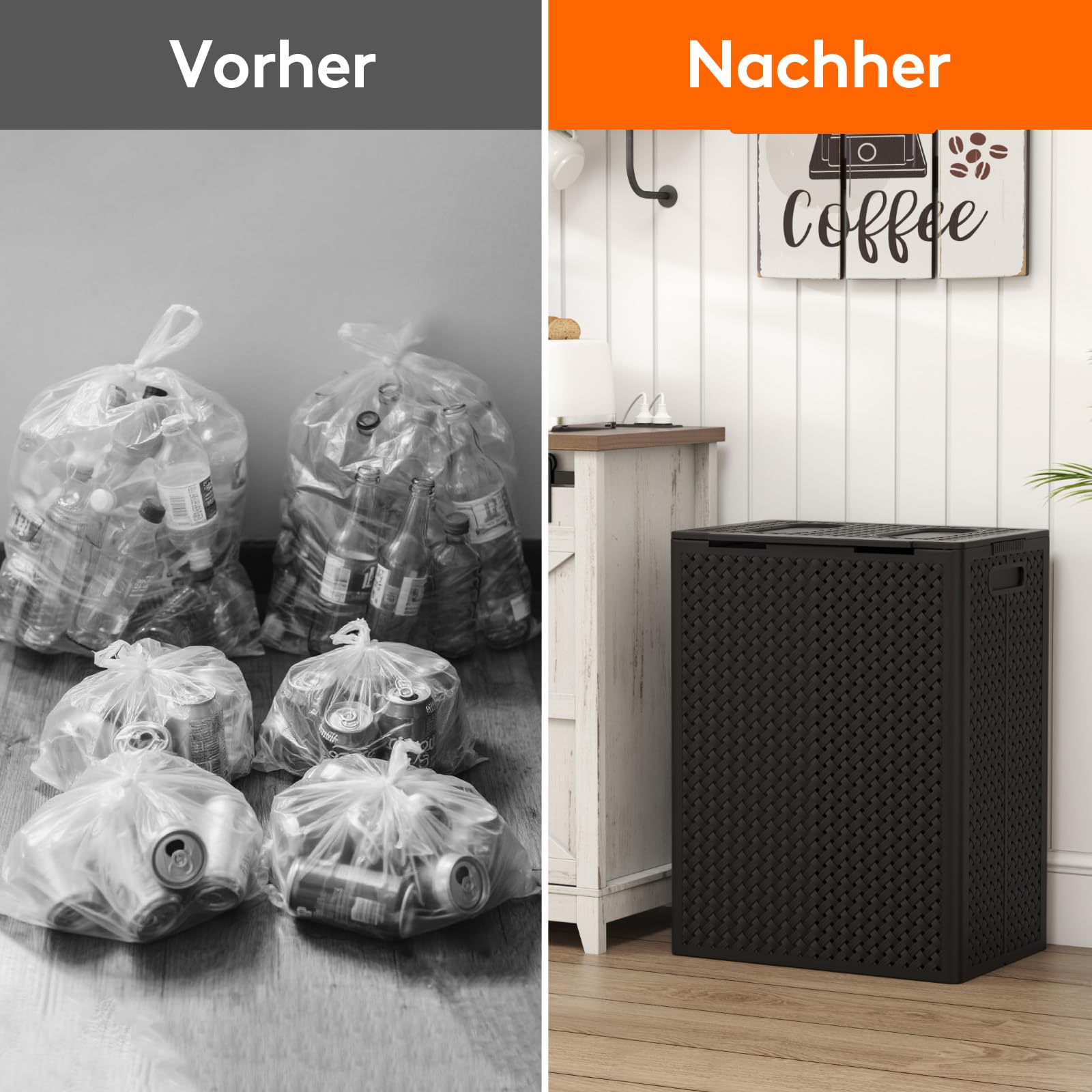 Lifewit 110L Pfandflaschen Sammelbehälter 2 Fächer mit Deckel und Flaschentasche, Flaschensammler Leergut Organizer mit Einwurf, Gro Mülleimer fur Plastikflaschen Leergutbeh Altglas, Schwarz