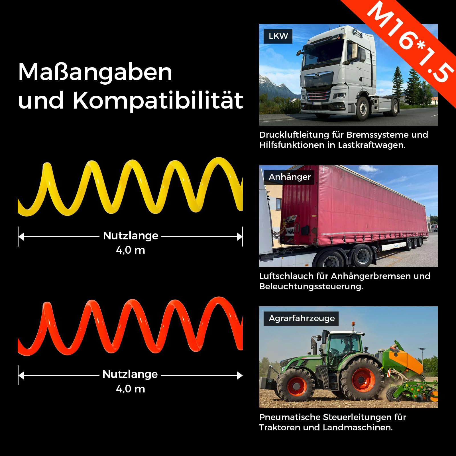 Juego de mangueras espirales de aire de 4m Amarillo y Rojo – Resistente manguera espiral de aire comprimido para camiones, remolques y agricultura (M16*1.5)
