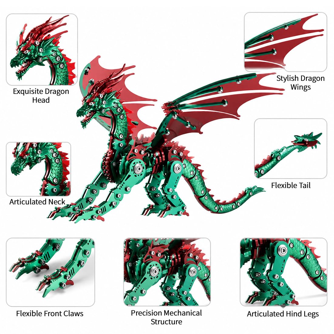 Rompecabezas de metal 3D para adultos, kit de bricolaje para dragón mecánico, regalo único para decoración de escritorio (rojo verde)