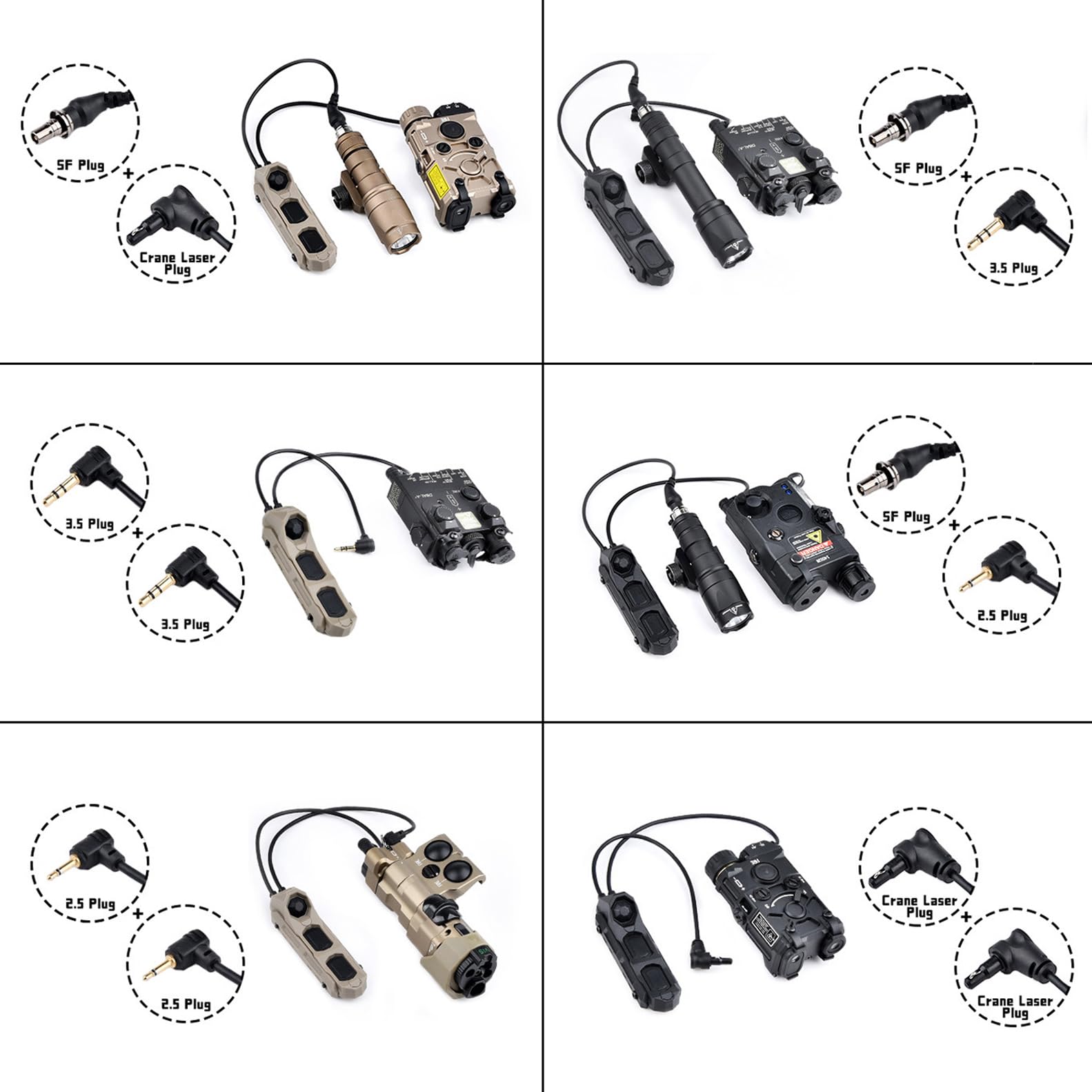 HATSEN Tactical Modular Dual Wire Three Button Remote Activation Pressure Switch?for M300/M600 PEQ15 Etc Series Scout Troch Flashlight?for 20mm Rail and M/K Dual System (SF+Crane Laser Plug BK)