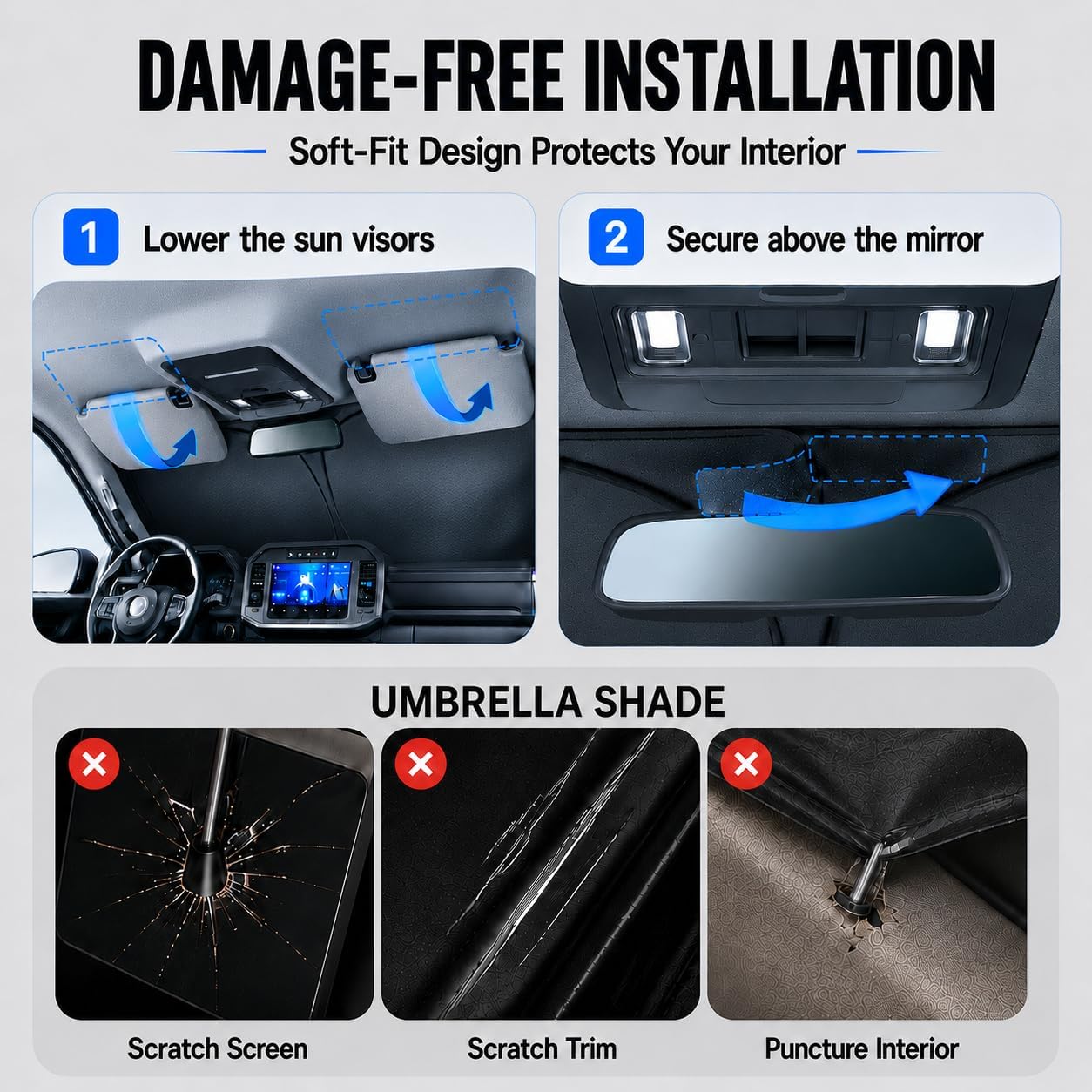 Zanch Custom Windshield Sun Shade for Tesla Model 3 2023-2026, 7-Layer UV & Heat Block, 3D Laser Scanned, Interior Protection, Keep Car Cooler, Foldable Car Accessories