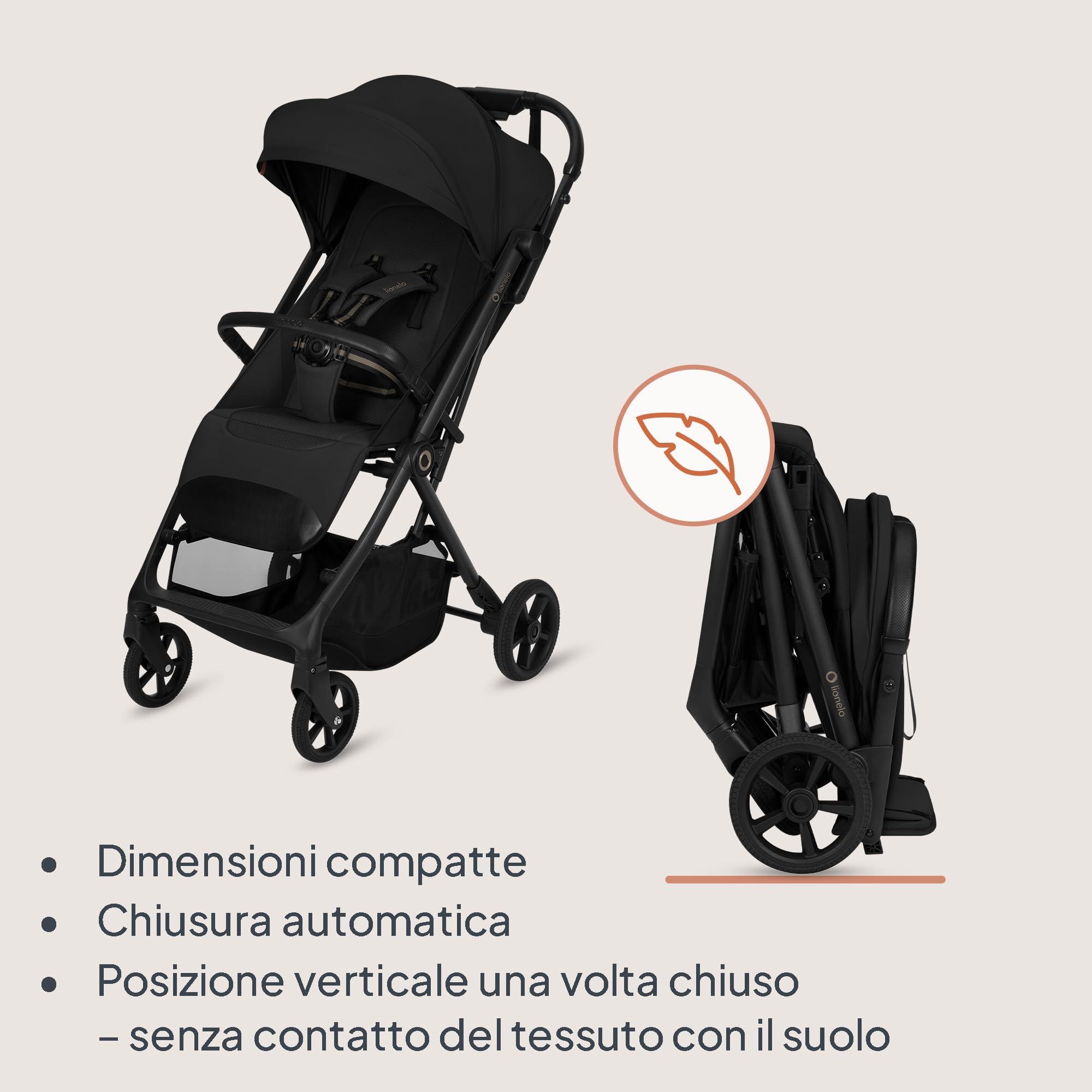 Lionelo TANSI Passeggino Leggero Compatto fino a 22 kg Pieghevole con Chiusura Automatica a una Mano, Ruote GravelTech Ammortizzate, Schienale Reclinabile, Cappottina Ventilata, Dri Seat Traspirante