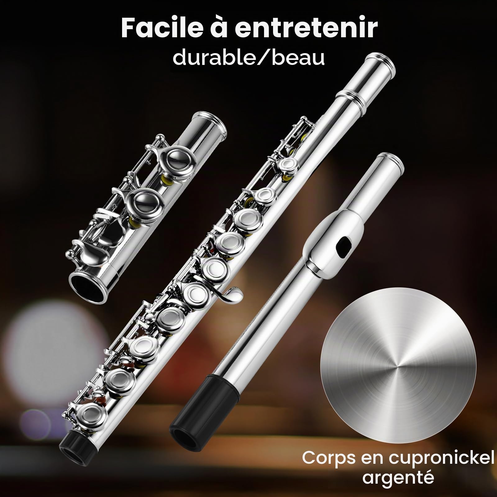 Asmuse Flûte Traversière Ensemble Argent-Nickel Plaqué(e)16 Trous C Key Flûte Instrument de Musique avec Etui de Transport, Chiffon et Gants Propres pour Débutants