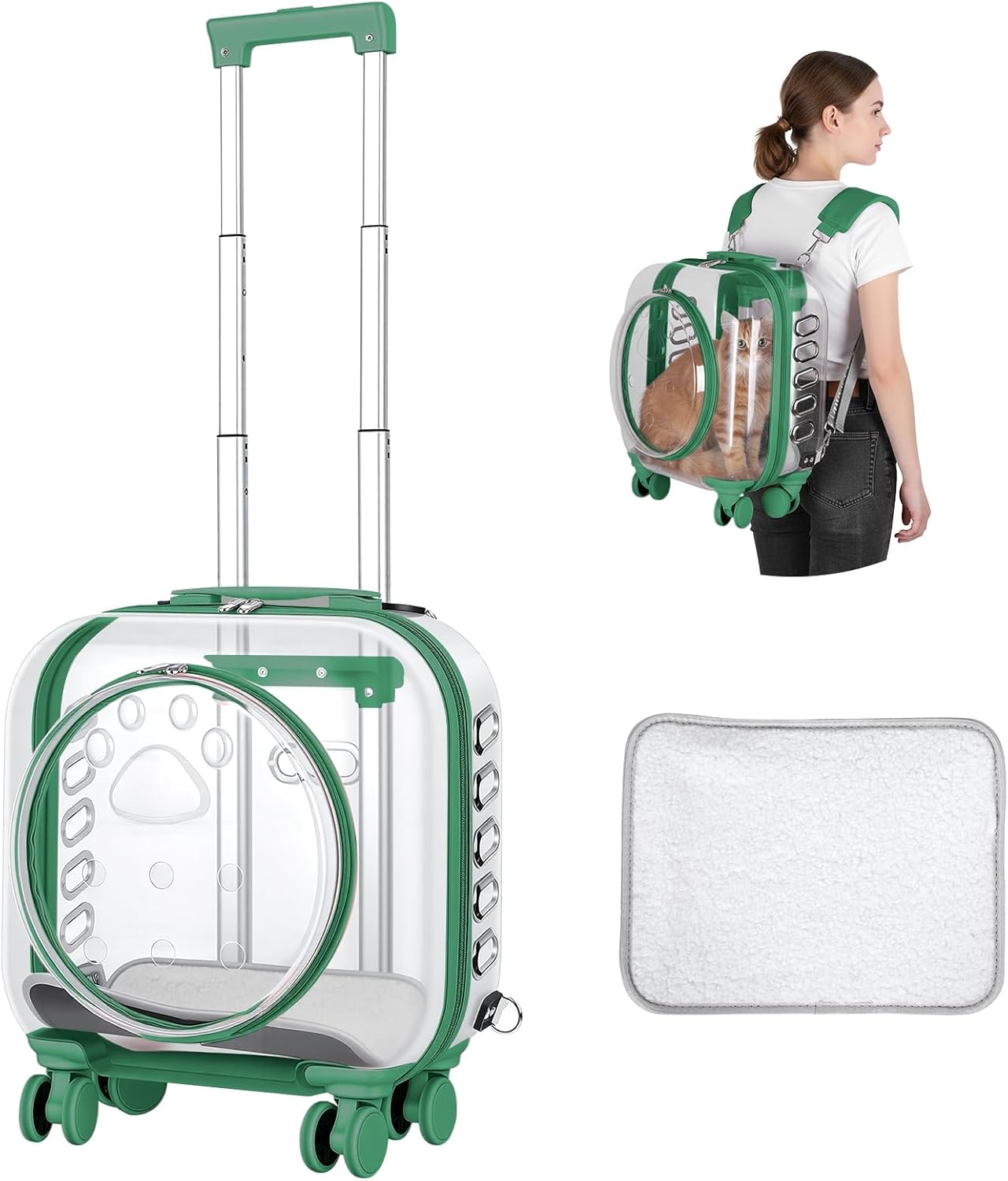 Cat Carrier with Wheels & Detachable Strap – Rolling Pet Trolley with Telescopic Handle, Transparent Hard Shell, Silent Wheels, Ventilated Design for Travel, Walking, Vet Visits for Small