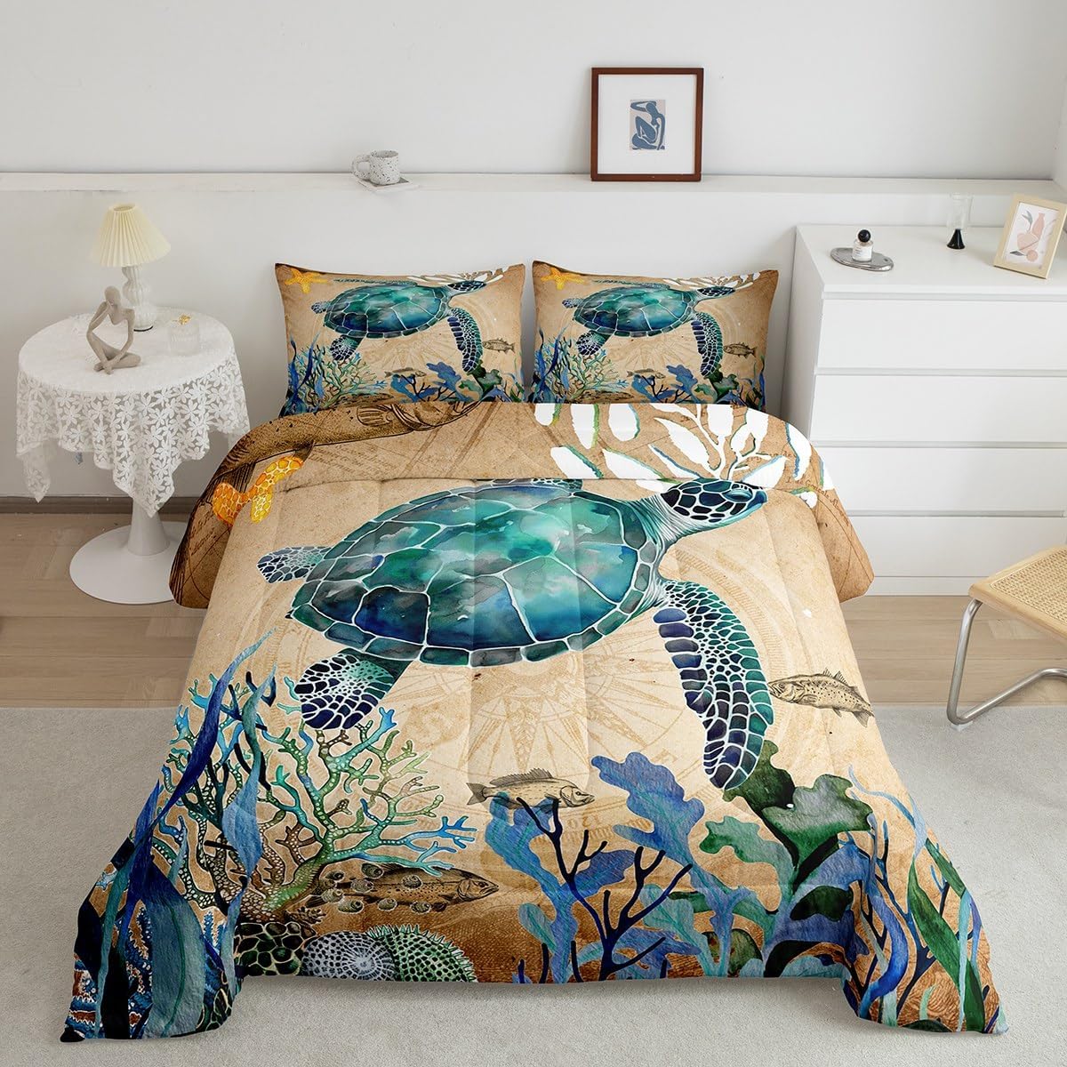 Ocean Turtle Comforter Reptile Tortoise Print Bedding Set