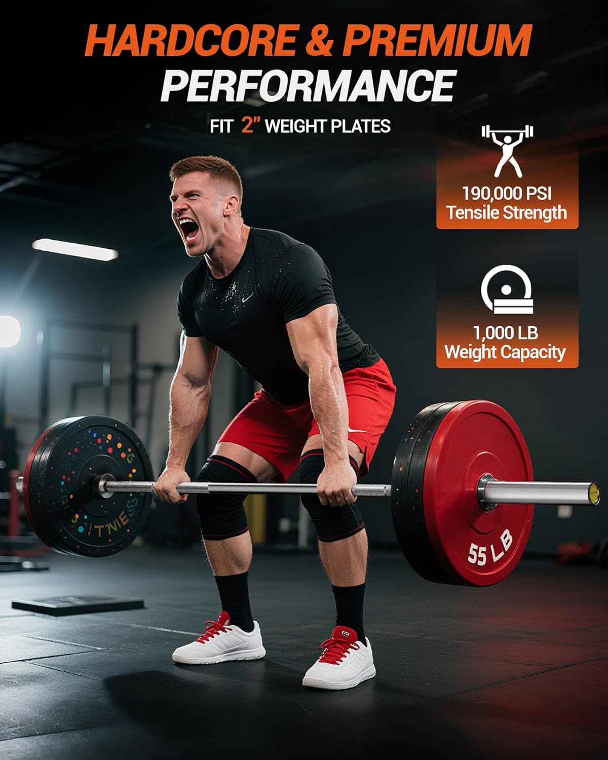 7FT Barbell for Weightlifting, Power Lifting, 2 Inch Strength Training Bar for Squats, Deadlifts, Presses, Rows, Curls - 1500lbs Capacity
