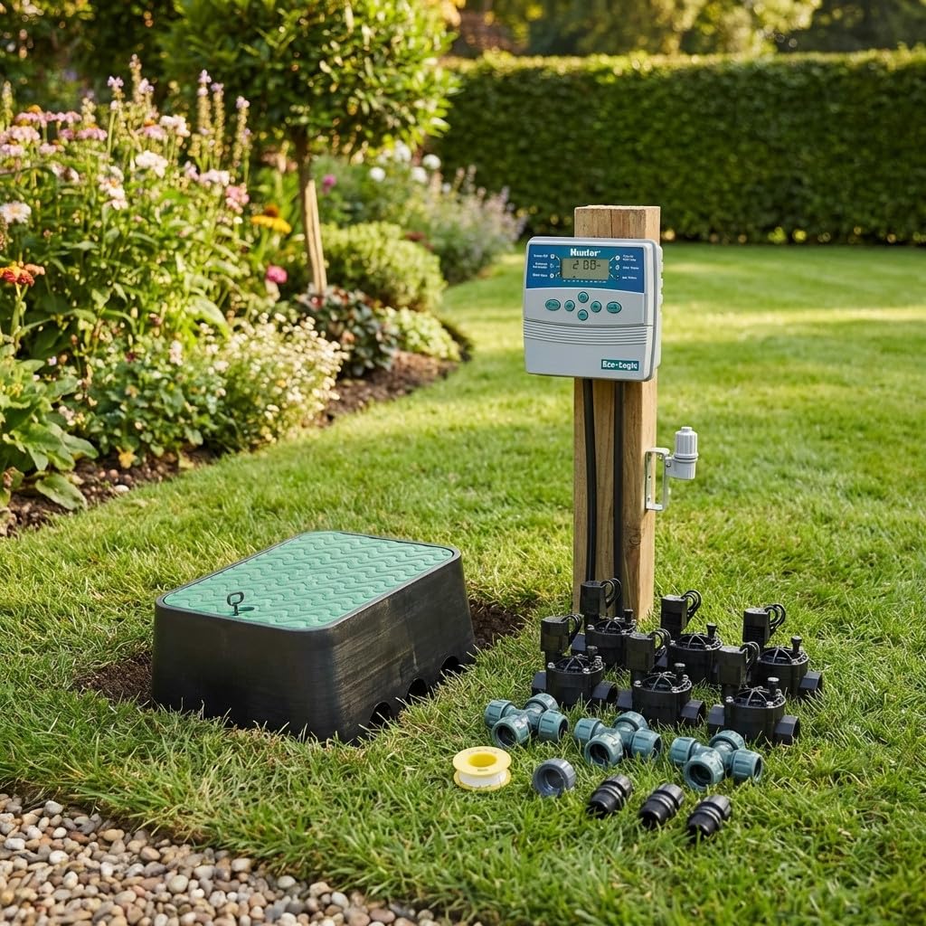 Suinga Kit Riego Automático 6 zonas 24V para Tuberia 25 mm | Incluye programador, electroválvulas, colector, sensor lluvia y arqueta