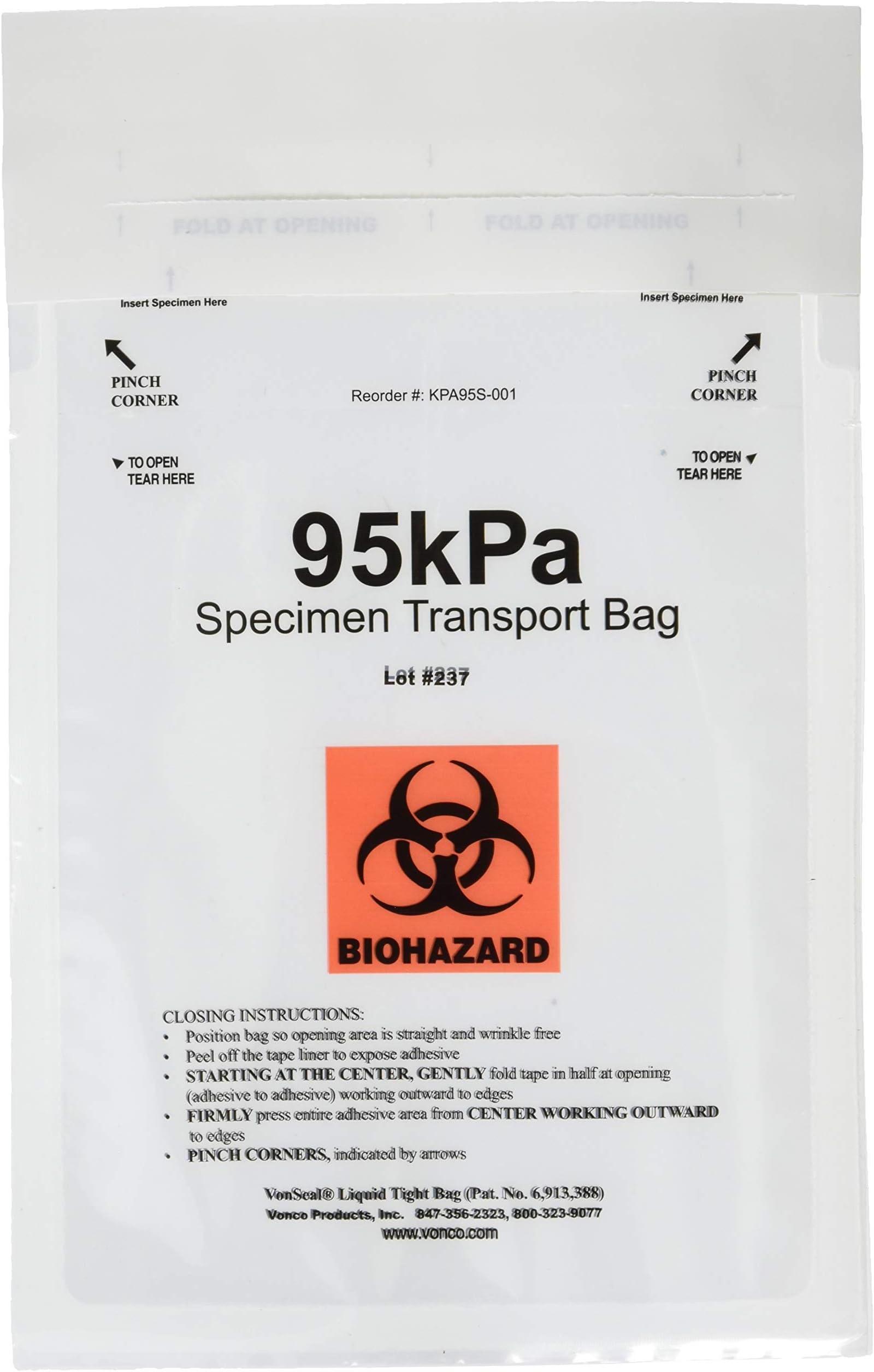 Vonco 95kPa VonSeal KPA95S-001 Biohazard Bag, Propriatary, Small