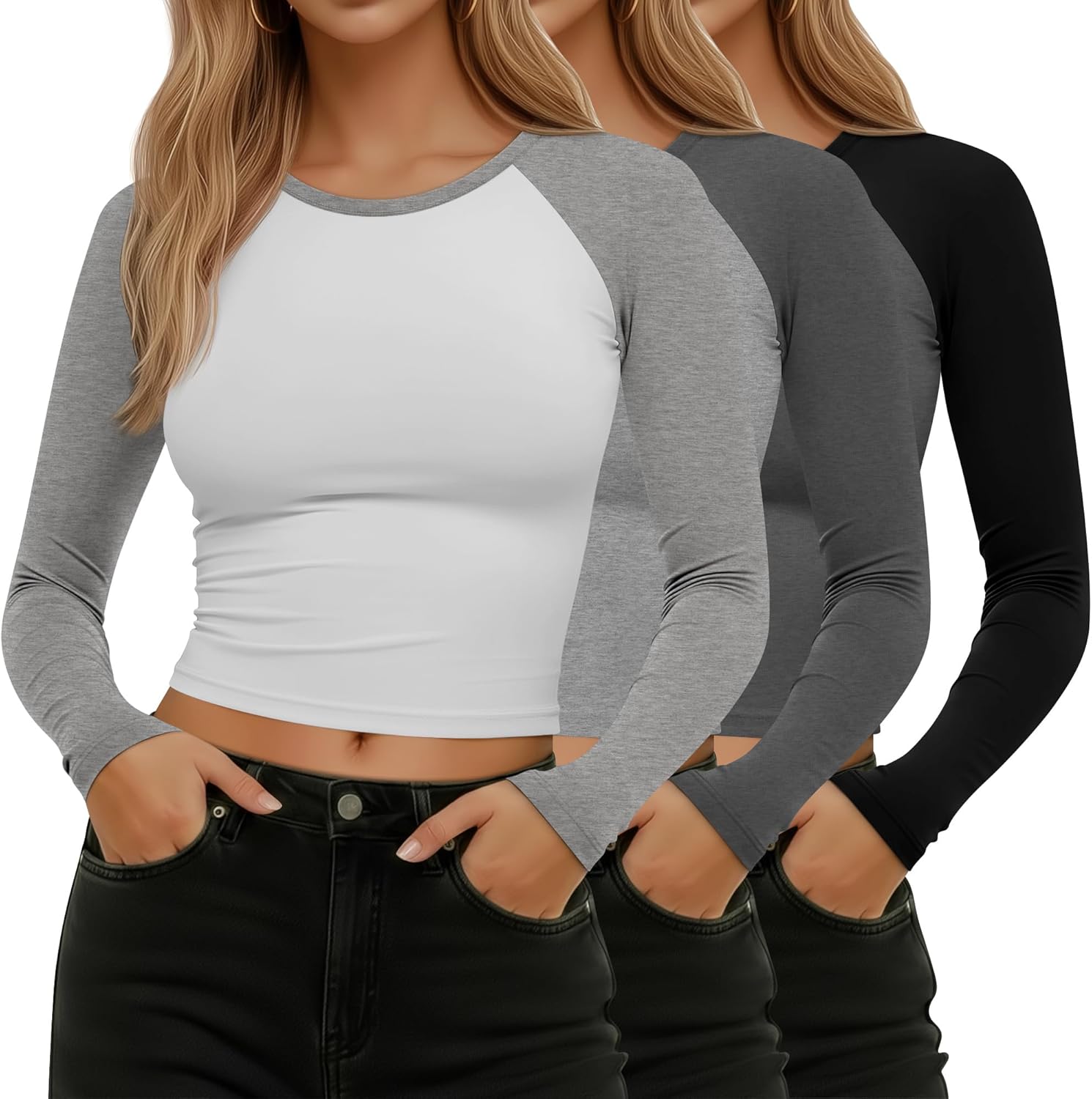 Huukeay 3 Pcs Women Raglan Long Sleeve Crop Tops Color Block Baseball Shirt Y2k Going Out Top