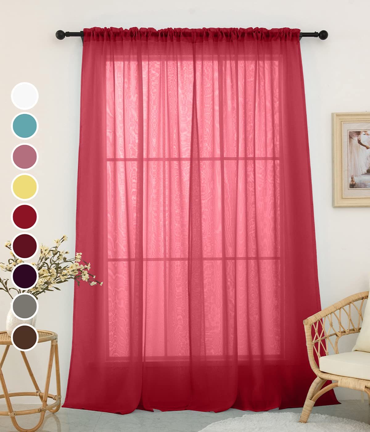 Yancorp2 Pack Sheer Curtains 84 inches Long Red Sheer Curtains Semi Transparent Window Curtain Drapes for Bedroom Living Room(W52 X L84, Red)
